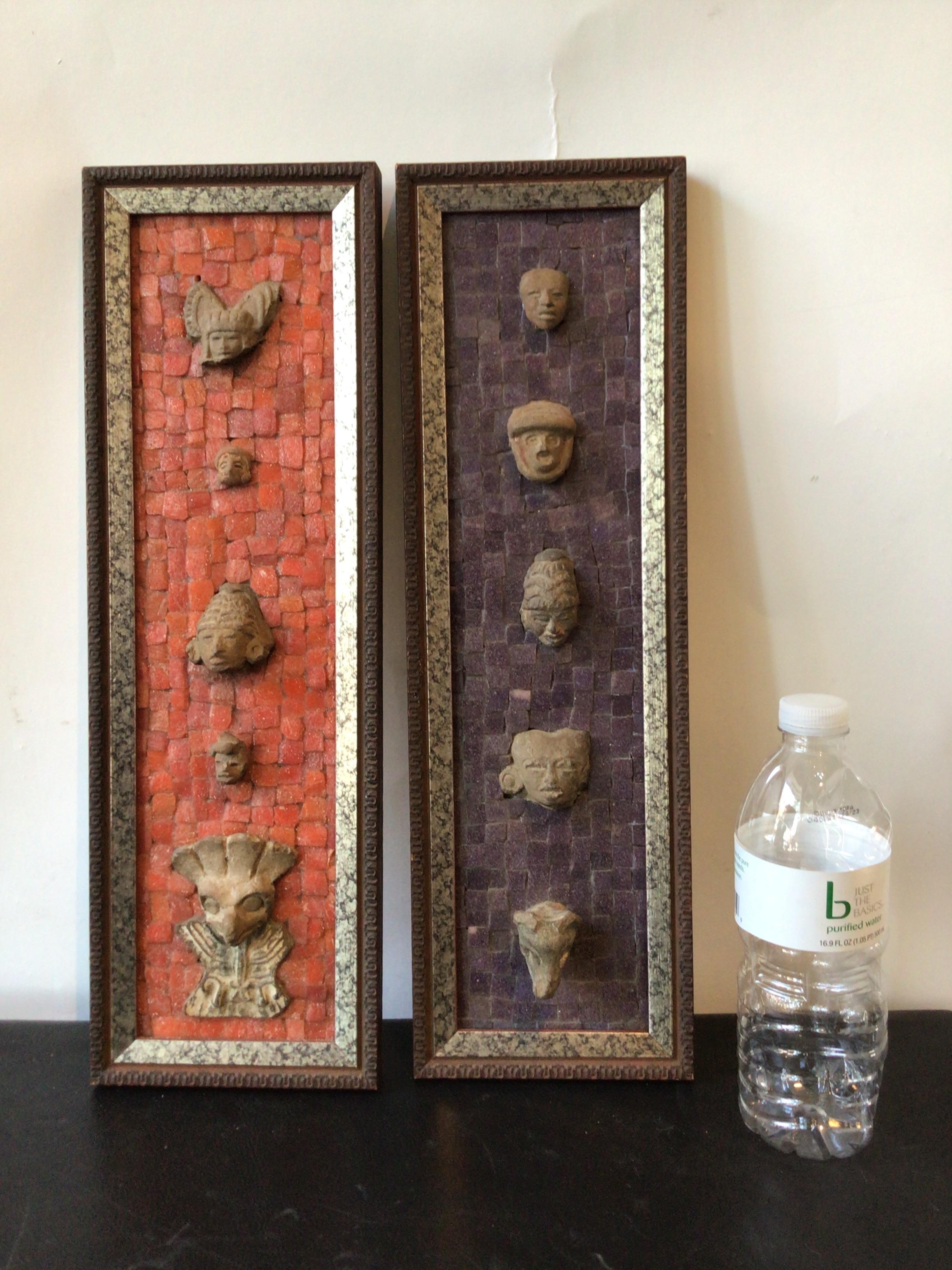 Pair of framed pre Colombian artifacts on tile backed boards.