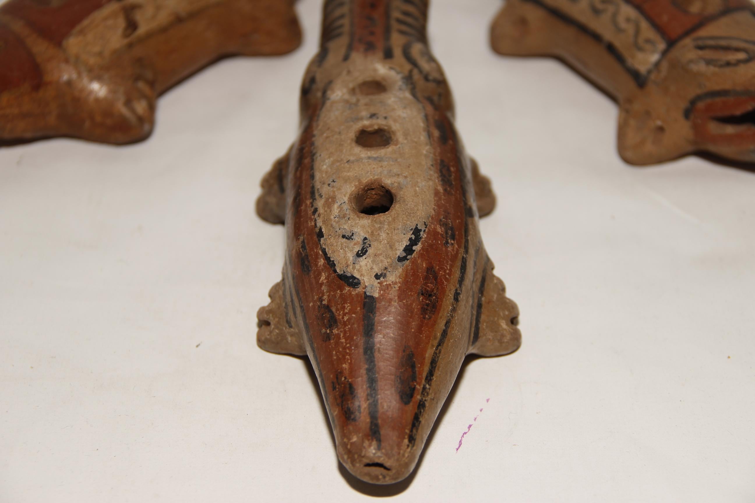 Glazed Pre-Columbian Style Nayarit Indian Polychromed Effigy Alligator Pipes For Sale