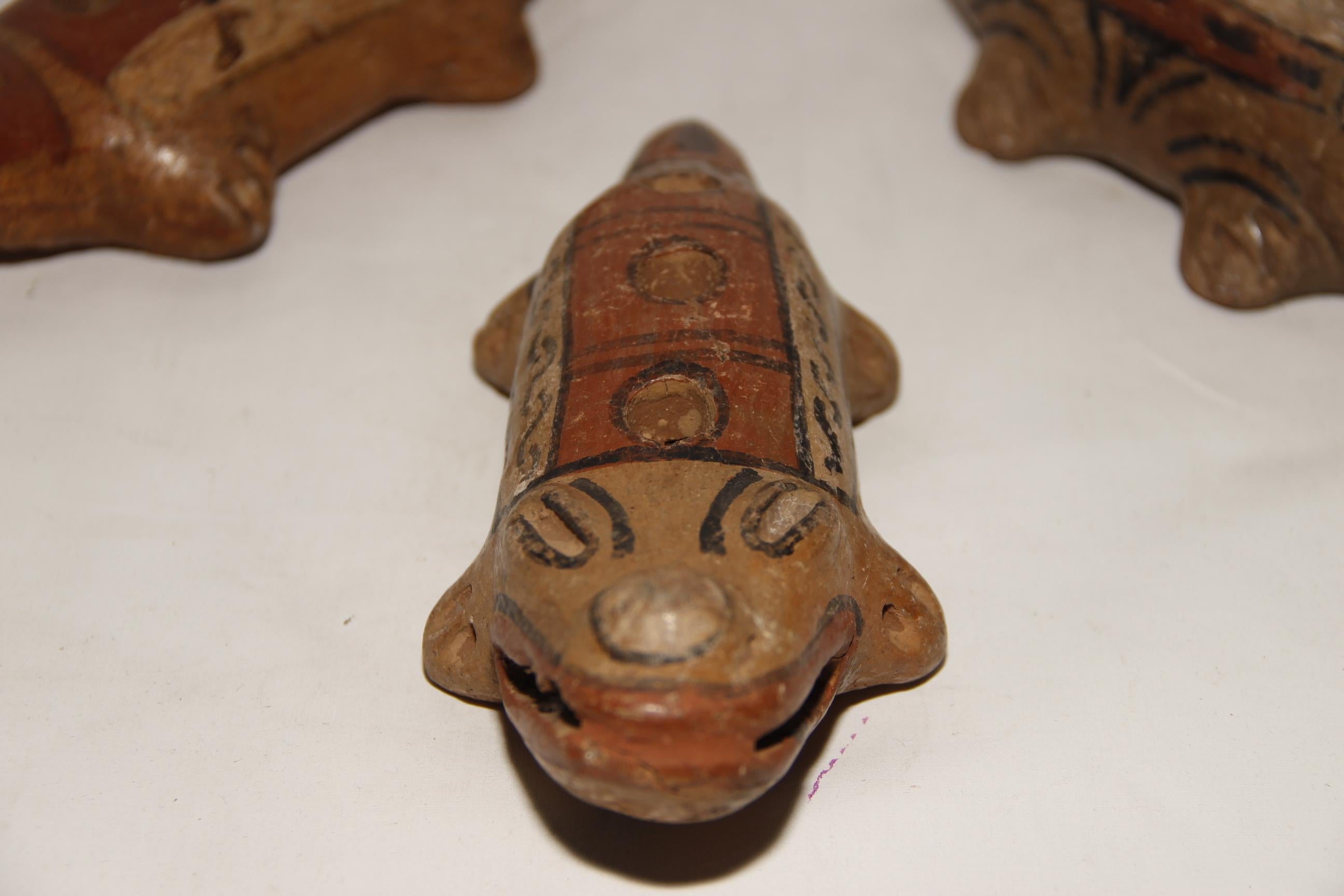 18th Century and Earlier Pre-Columbian Style Nayarit Indian Polychromed Effigy Alligator Pipes For Sale