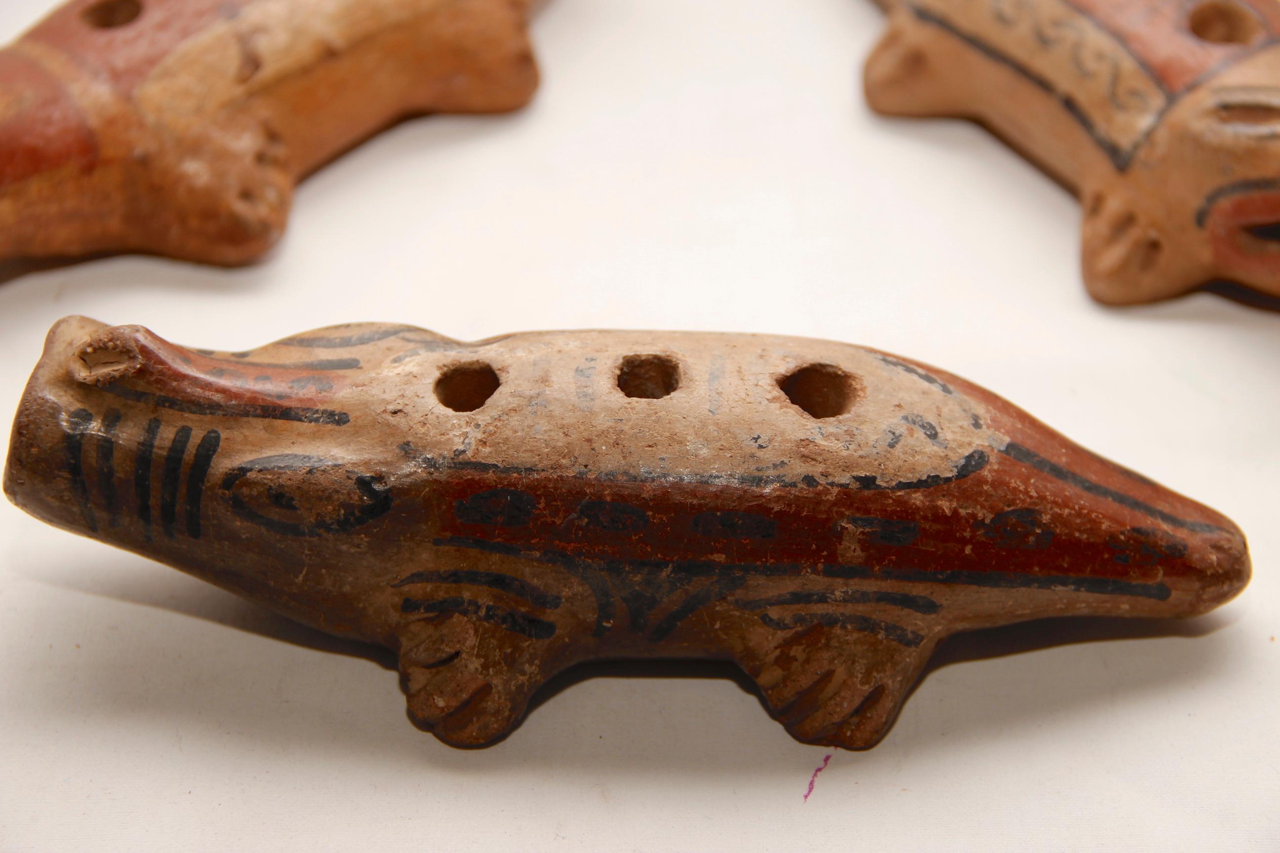 Clay Pre-Columbian Style Nayarit Indian Polychromed Effigy Alligator Pipes For Sale