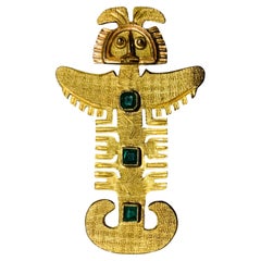 Vintage Pre-Columbian Art 18k Yellow Gold And Emerald Brooch/Pendant 