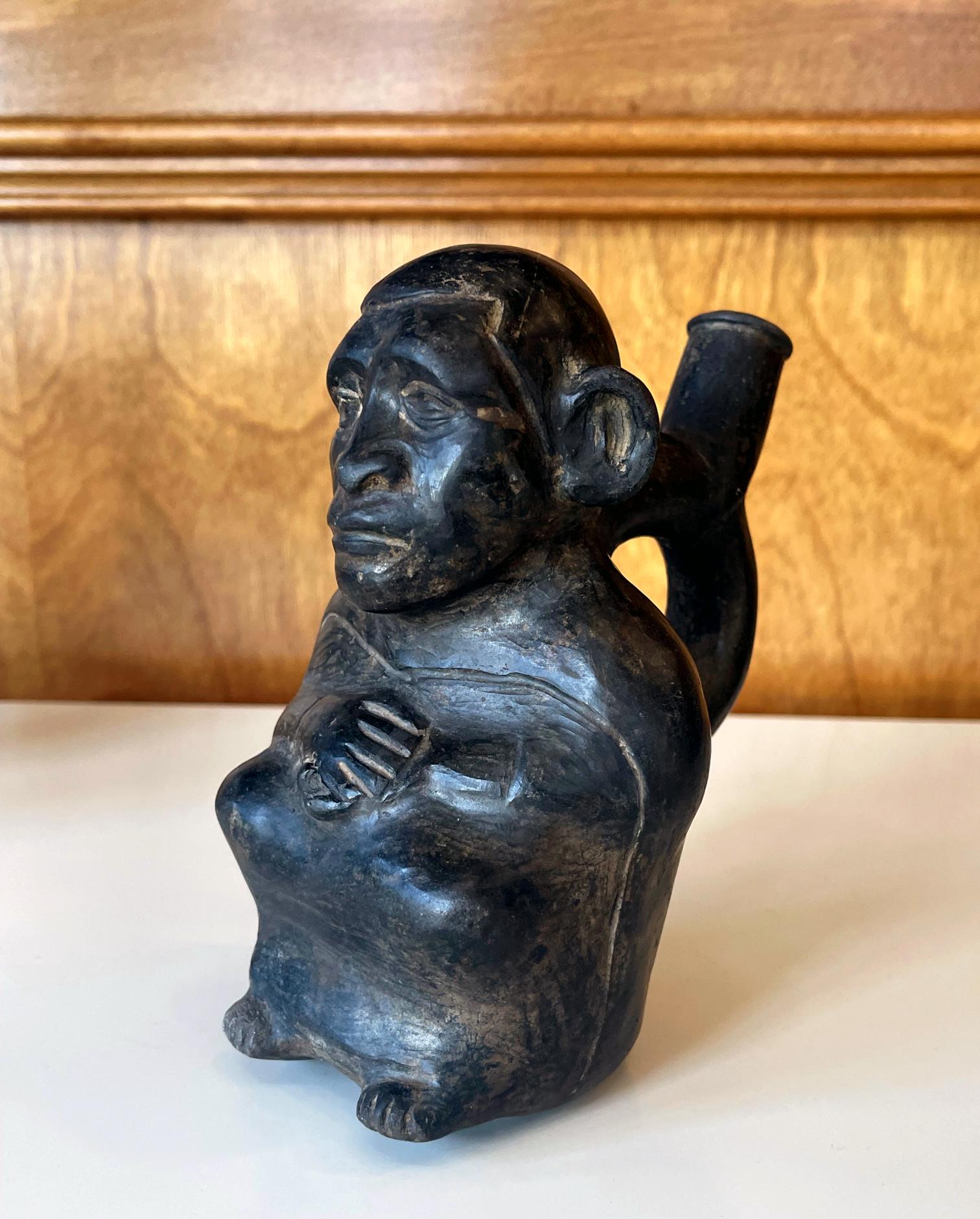 Pre-Columbian Black Figural Stirrup Vessel Moche Culture In Good Condition For Sale In Atlanta, GA