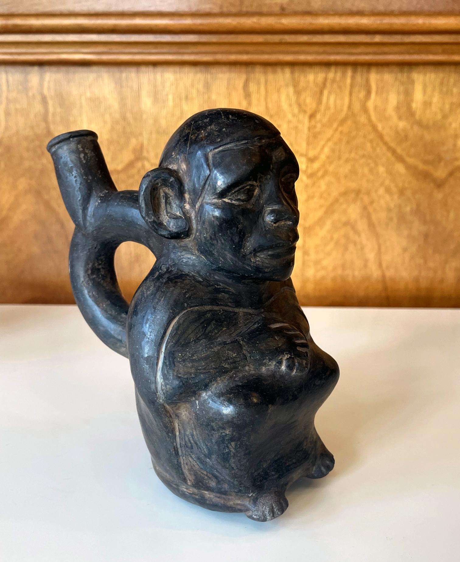 18th Century and Earlier Pre-Columbian Black Figural Stirrup Vessel Moche Culture For Sale