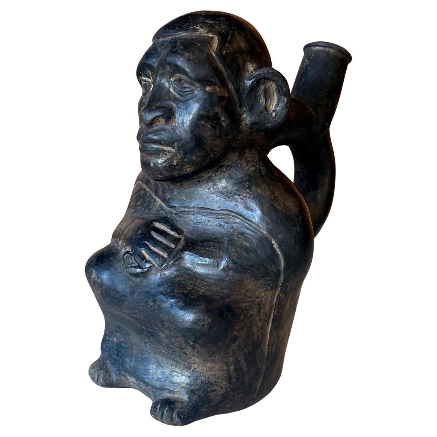 Pre-Columbian Black Figural Stirrup Vessel Moche Culture For Sale