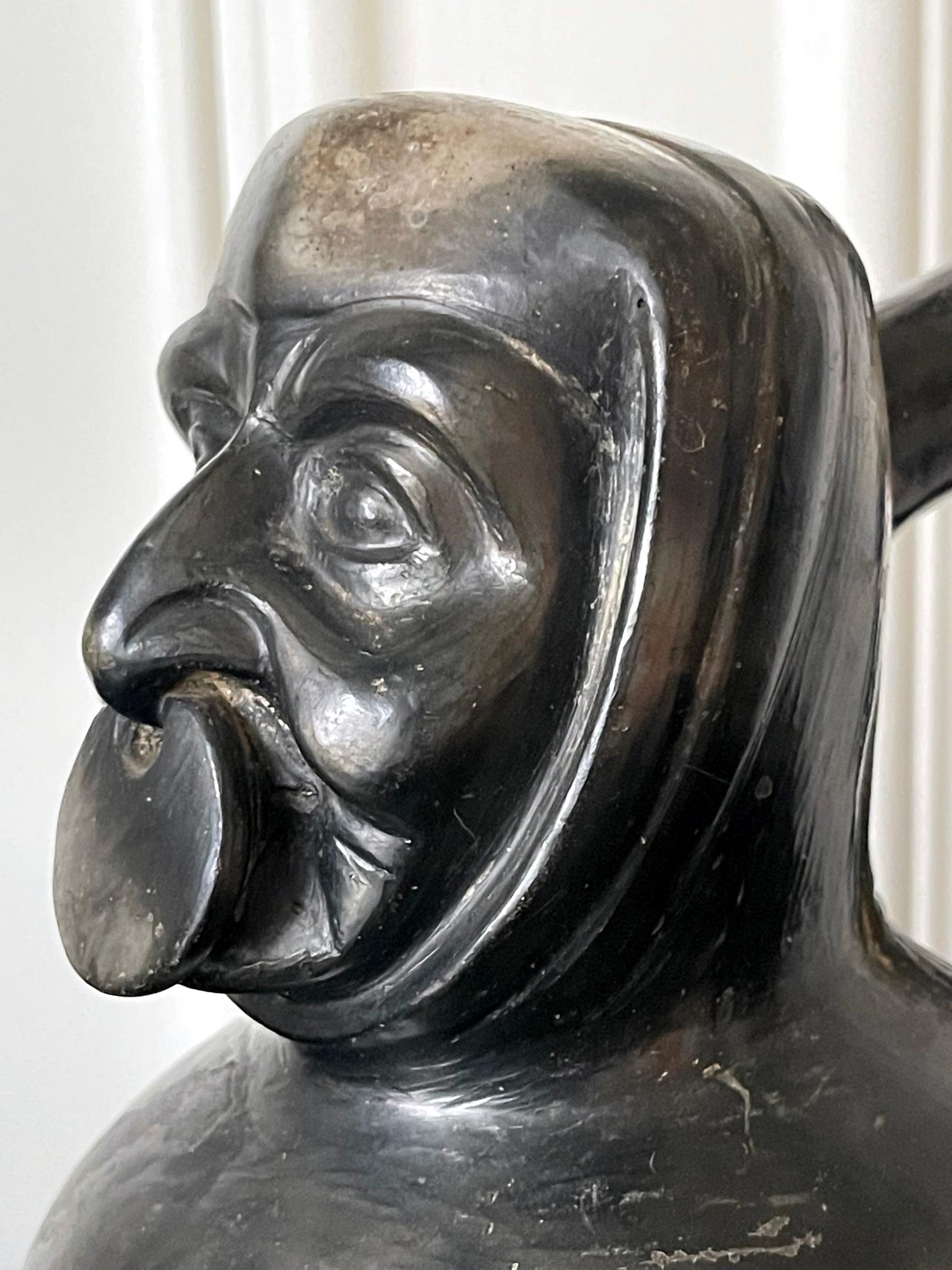 Pre-Columbian Black Portrait Stirrup Vessel from Moche Culture For Sale 6