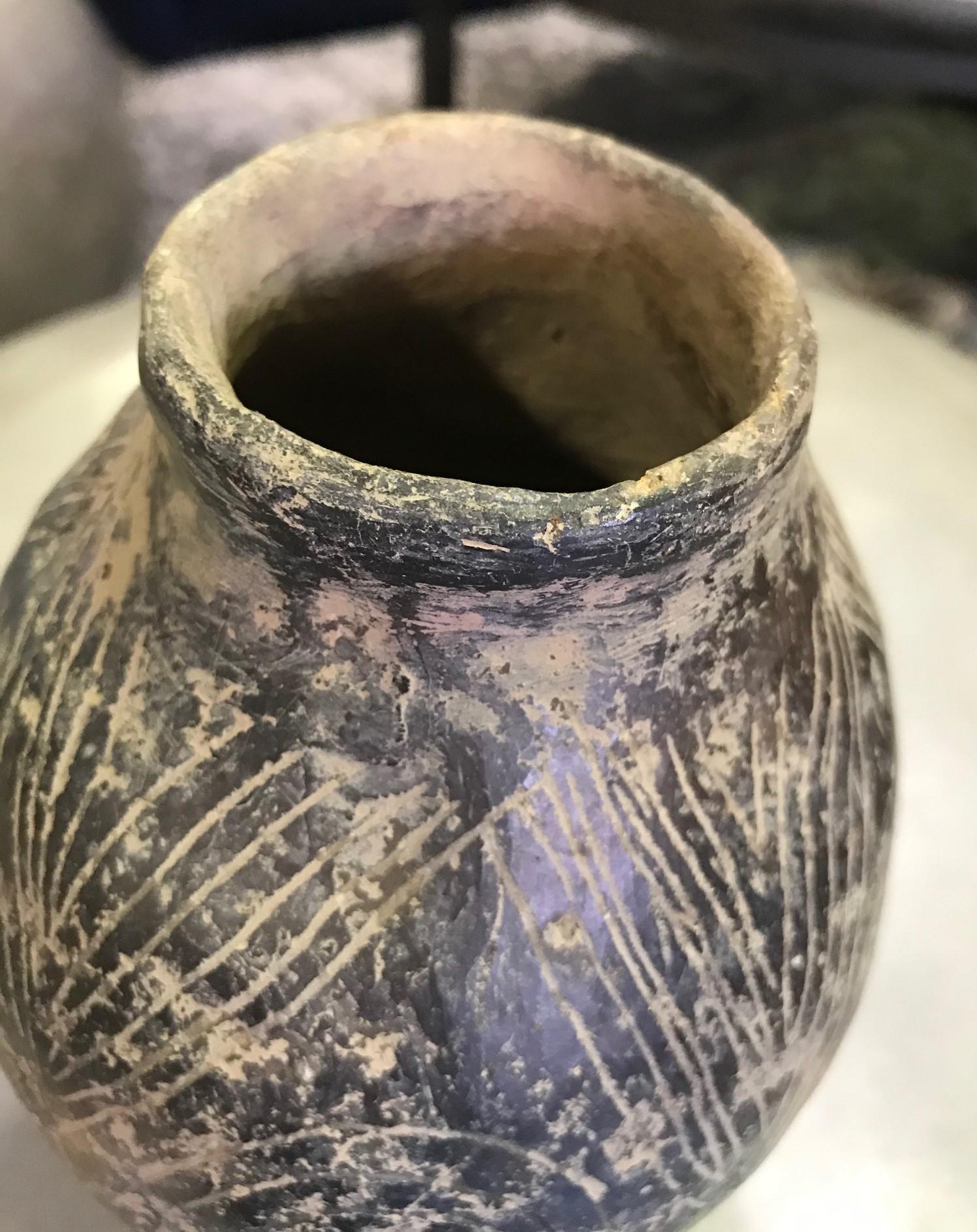 18th Century and Earlier Pre-Columbian Blackware Ceramic Pottery Three-Legged Vase Cup Vessel