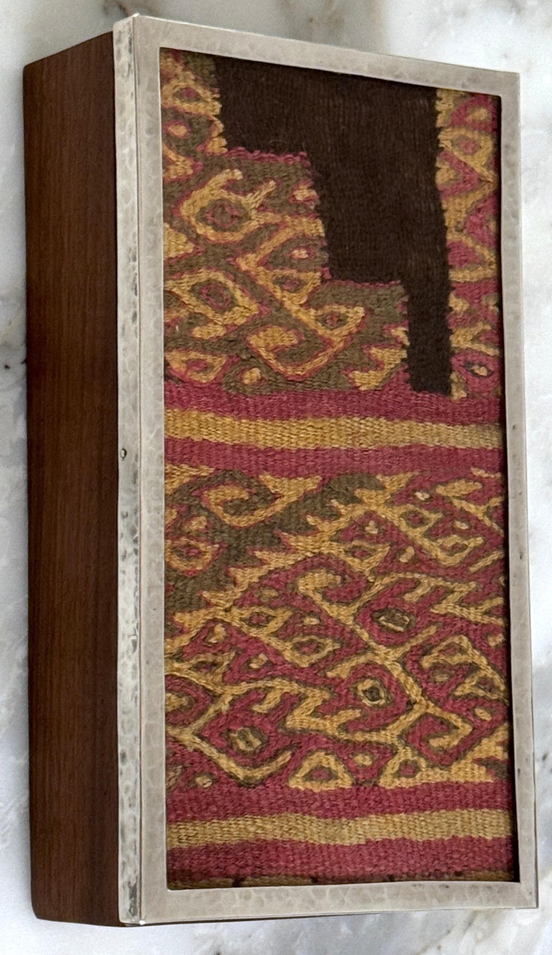 Peruvian Pre-Columbian Andean Textile Fragment in Sterling Silver & Hardwood Presentation For Sale