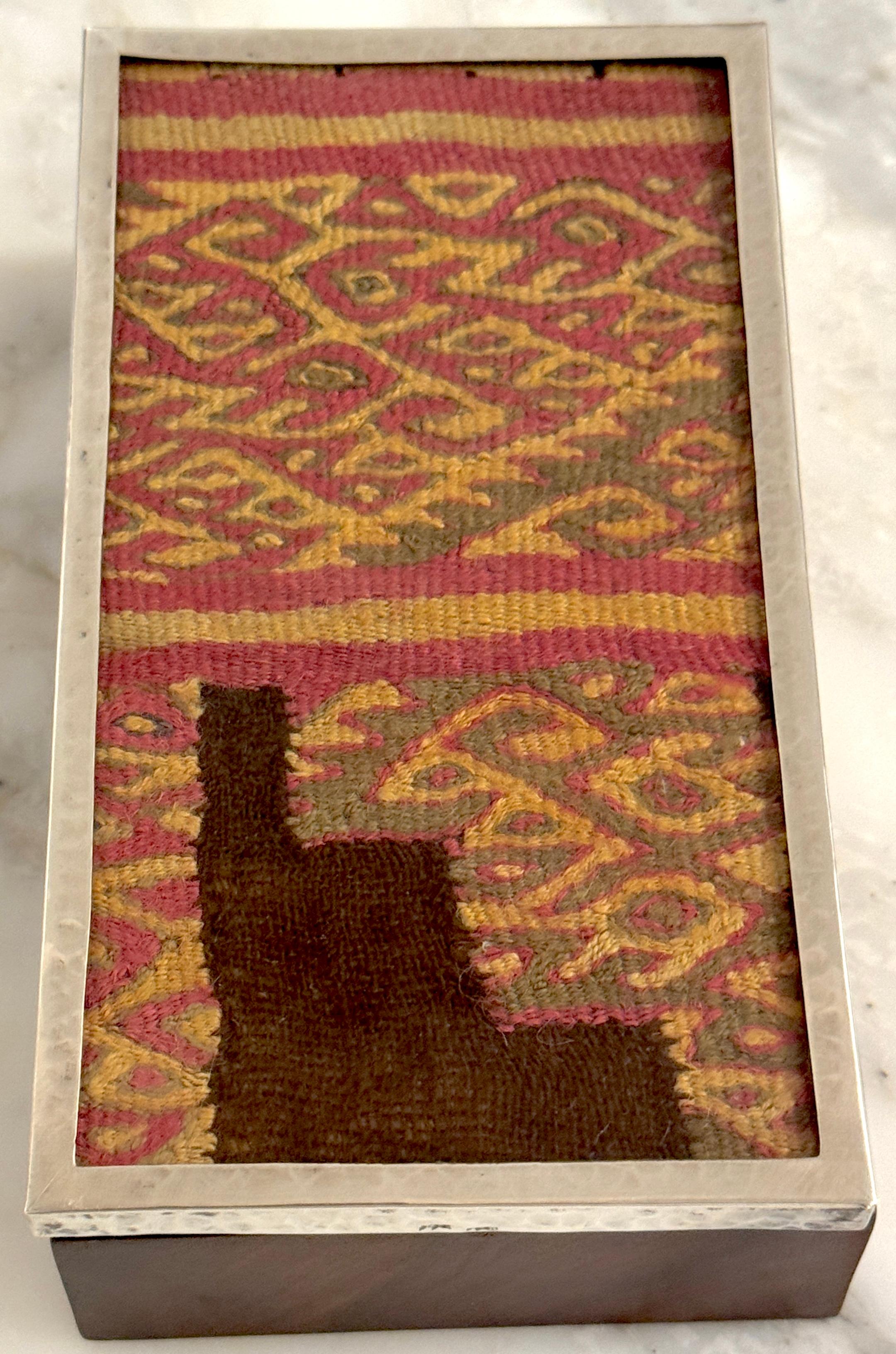 18th Century and Earlier Pre-Columbian Andean Textile Fragment in Sterling Silver & Hardwood Presentation For Sale