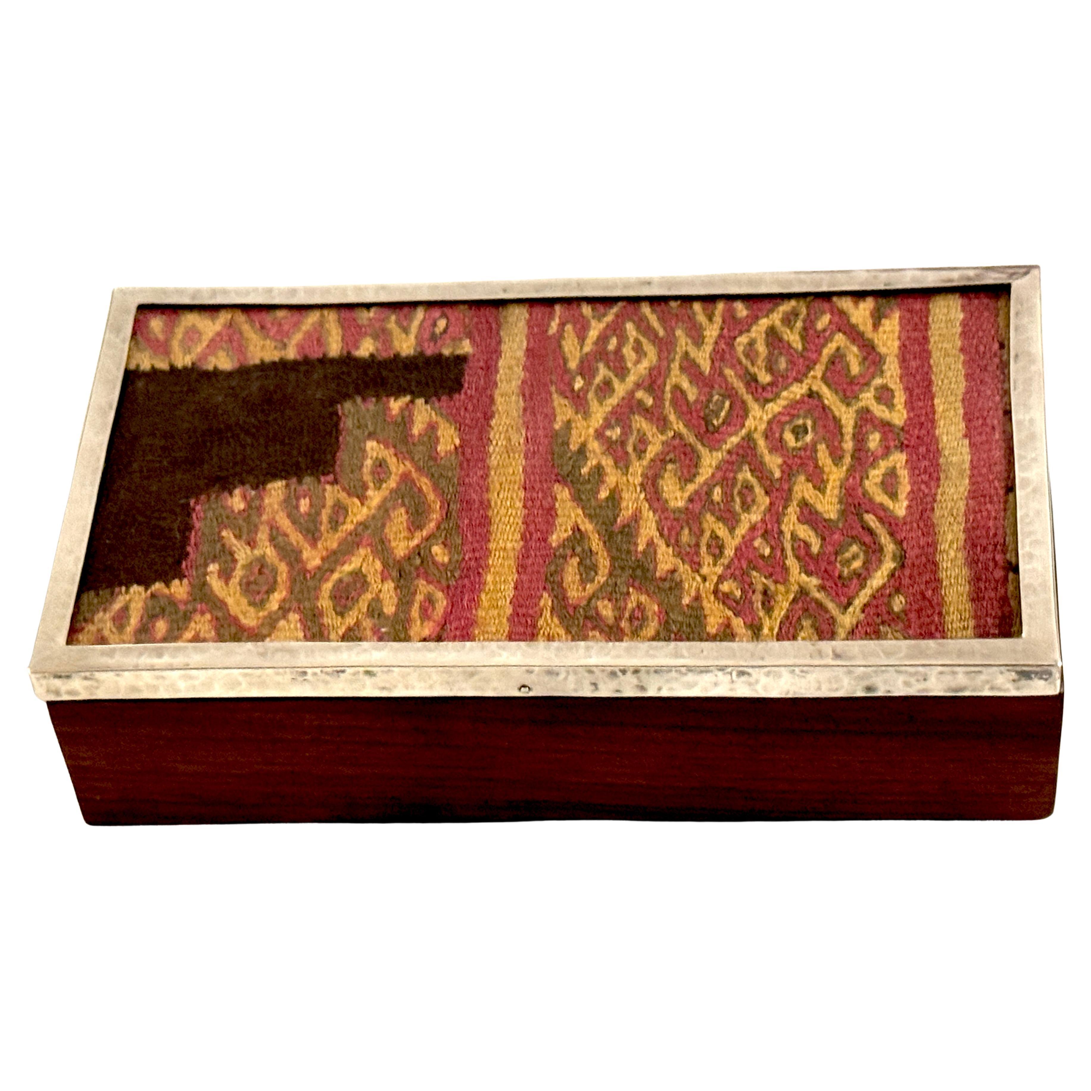 Pre-Columbian Andean Textile Fragment in Sterling Silver & Hardwood Presentation For Sale