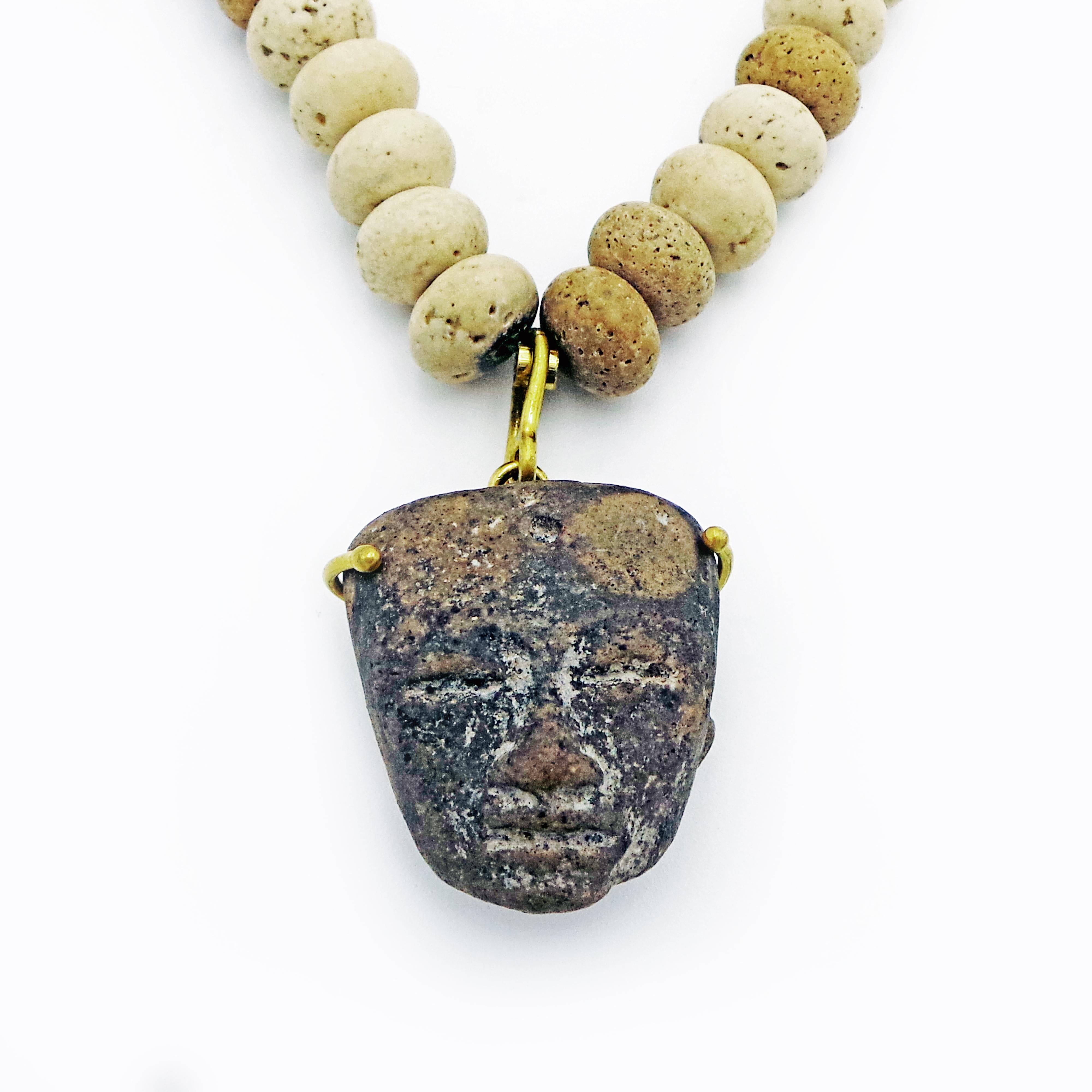 Pre-Columbian carved stone head artifact and 22k yellow gold pendant on Roman Travertine stone beaded necklace. Stone pendant has a hook-on bail, so it can easily be transferred from the included beaded necklace to your own chain, leather cord or