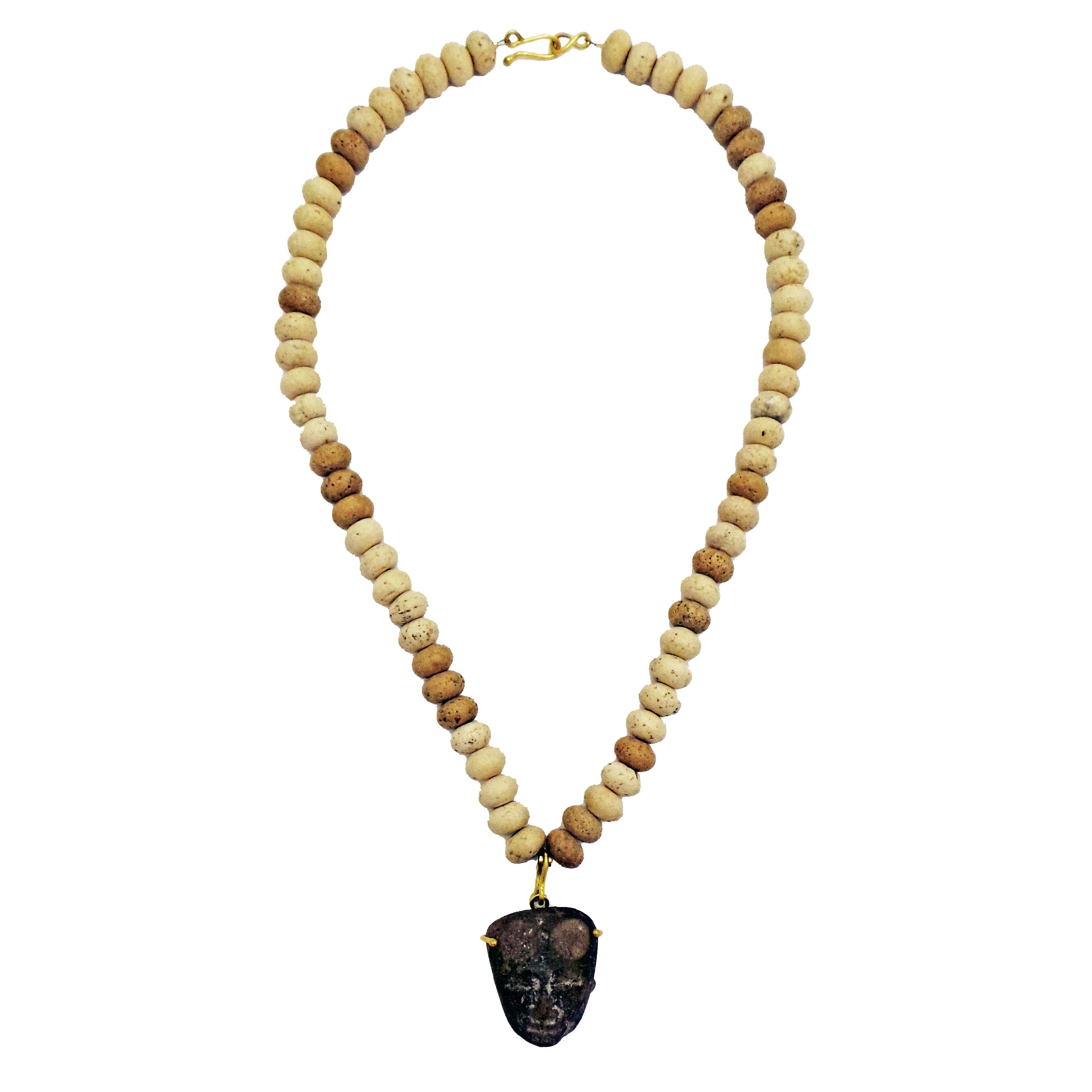 Pre-Columbian Carved Stone Pendant on Roman Stone Beaded Necklace In New Condition In Naples, FL