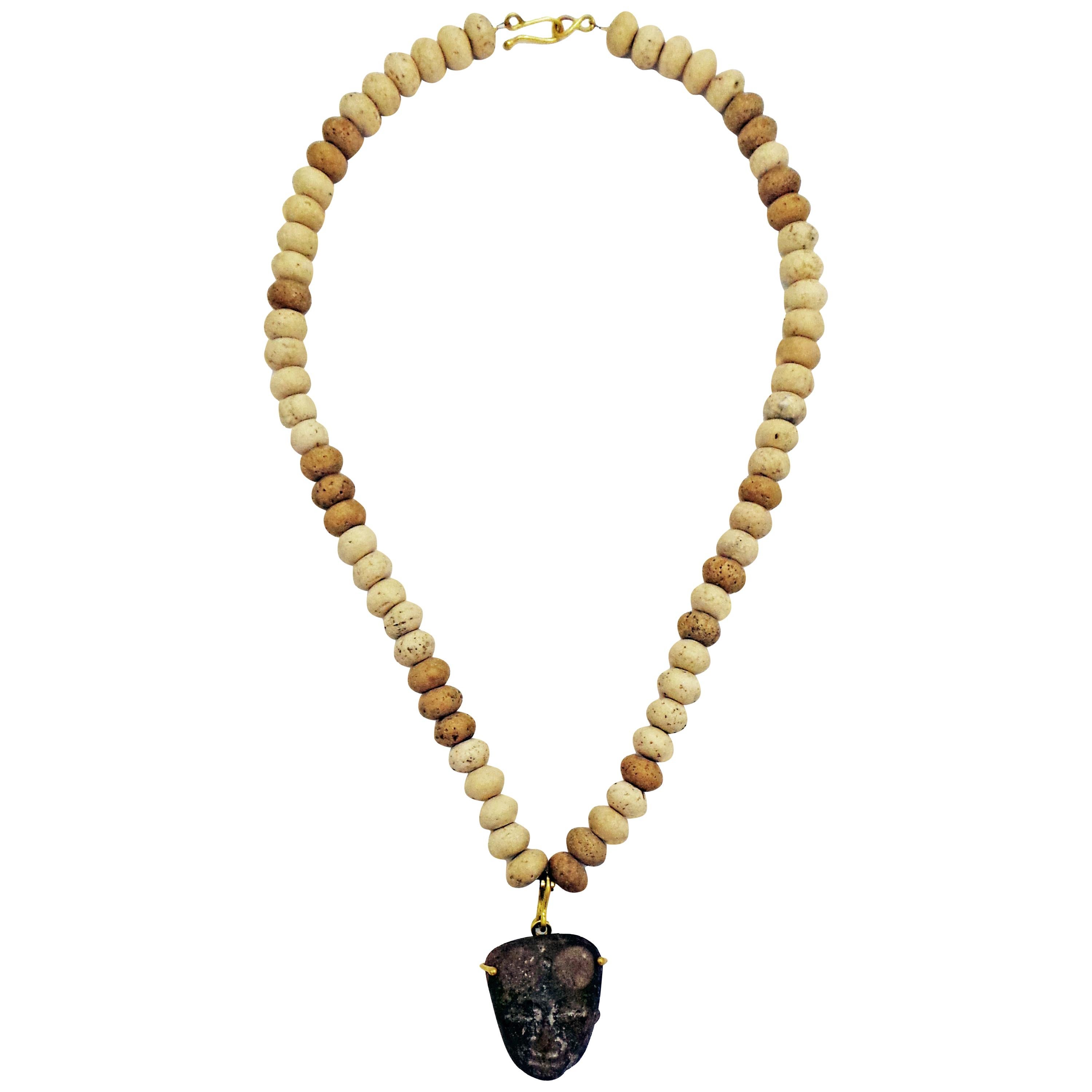 Pre-Columbian Carved Stone Pendant on Roman Stone Beaded Necklace
