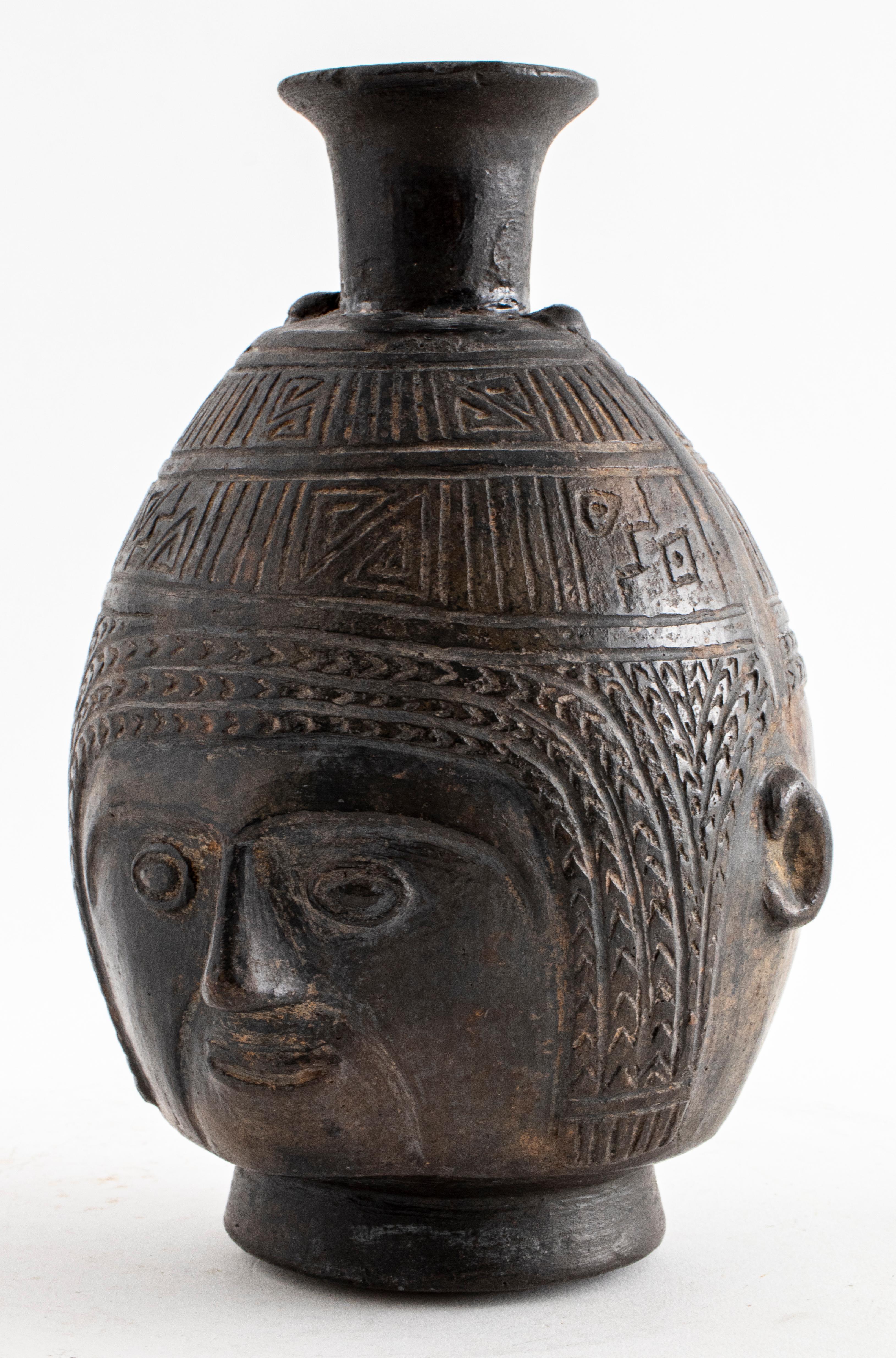 CHIMU-INCA ca 1100 AD Vintage Black Terra-cotta Reproduction Pre-Columbian Blackware Pottery Vessel Peru Inca Vase with Handle