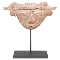 Pre-Columbian Clay Face Ornament on Metal Stand