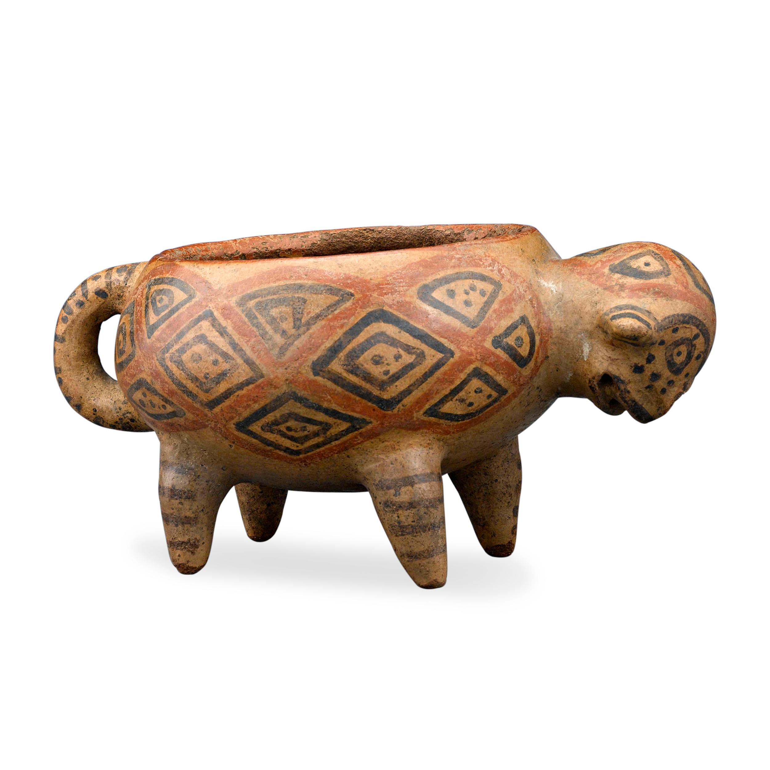 This exceptional Pre-Columbian vessel from the Diquís culture of present-day Costa Rica takes the form of a jaguar. A symbol of strength and power, the jaguar represented the hunter, killer and warrior, while the jaguar god was believed to have