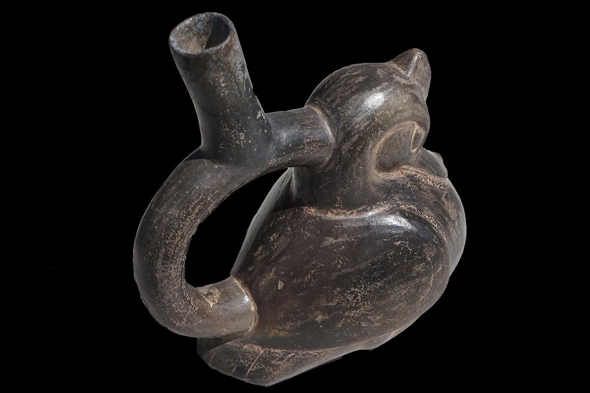 Peruvian Pre-Columbian Duck Effigy Stirrup-Spout Vessel, Moche Peru 200-450 AD, Blackware
