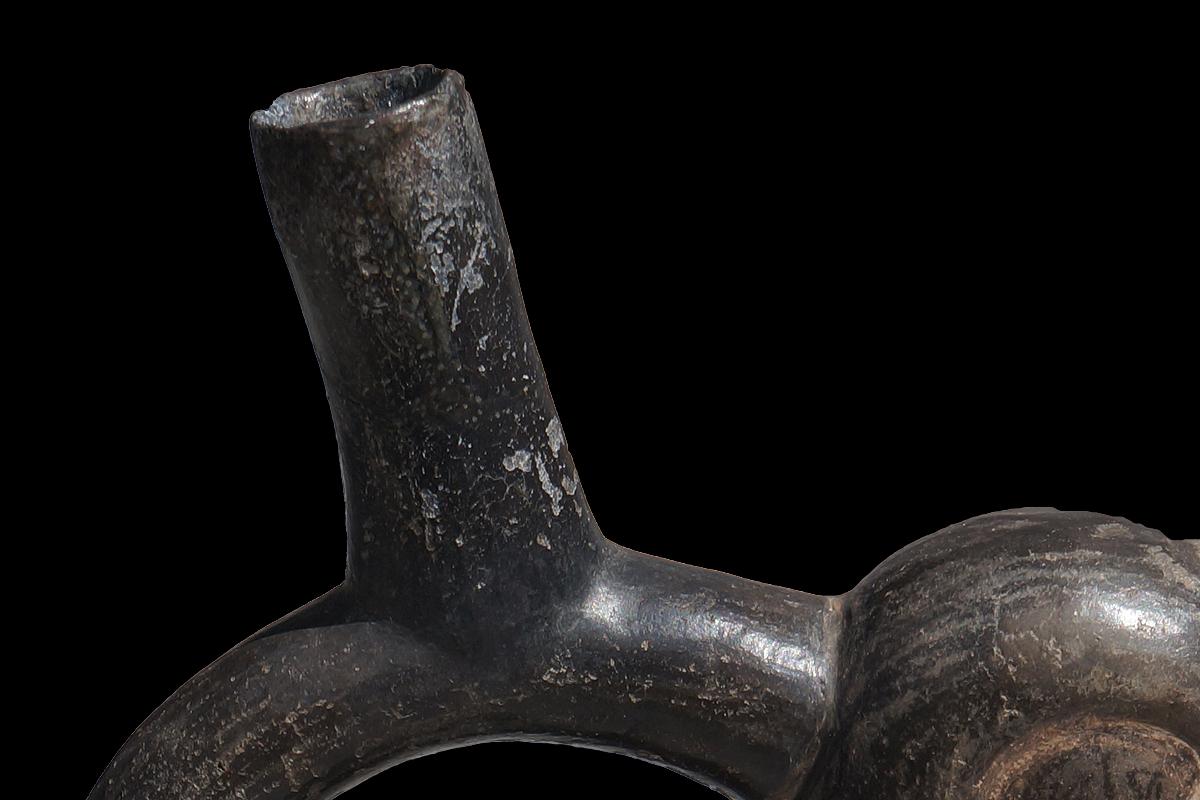 18th Century and Earlier Pre-Columbian Duck Effigy Stirrup-Spout Vessel, Moche Peru 200-450 AD, Blackware