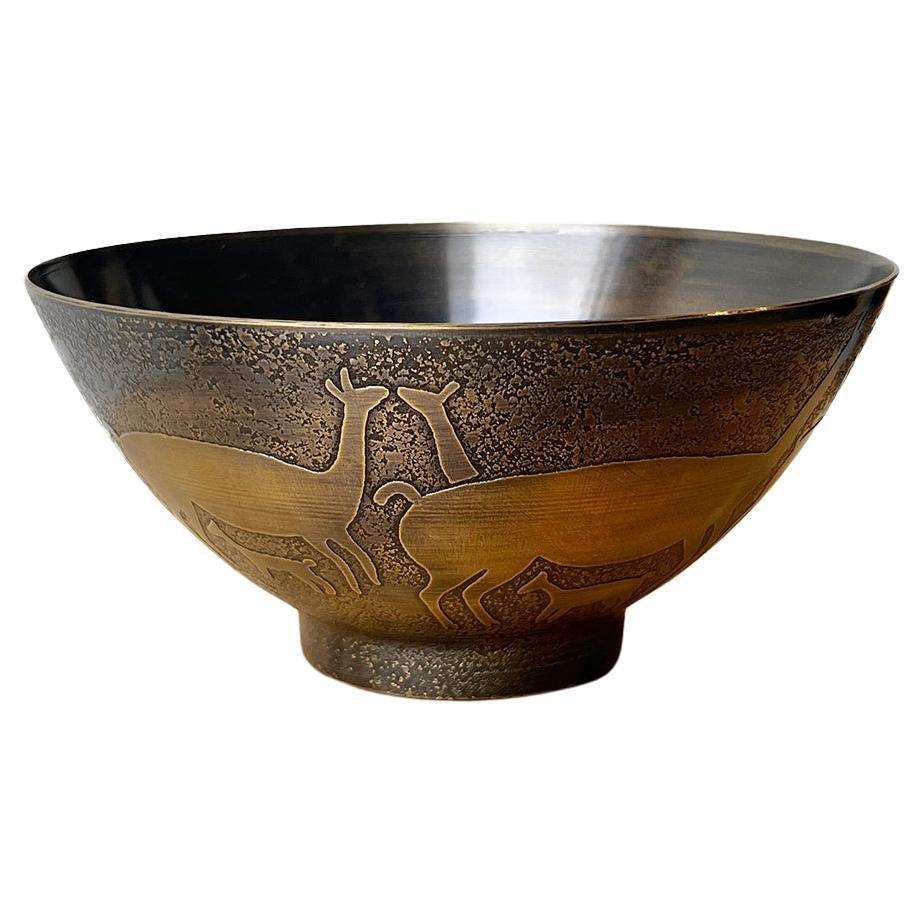 Pre-Columbian Etched Bronze Bowl with Llama Figures For Sale