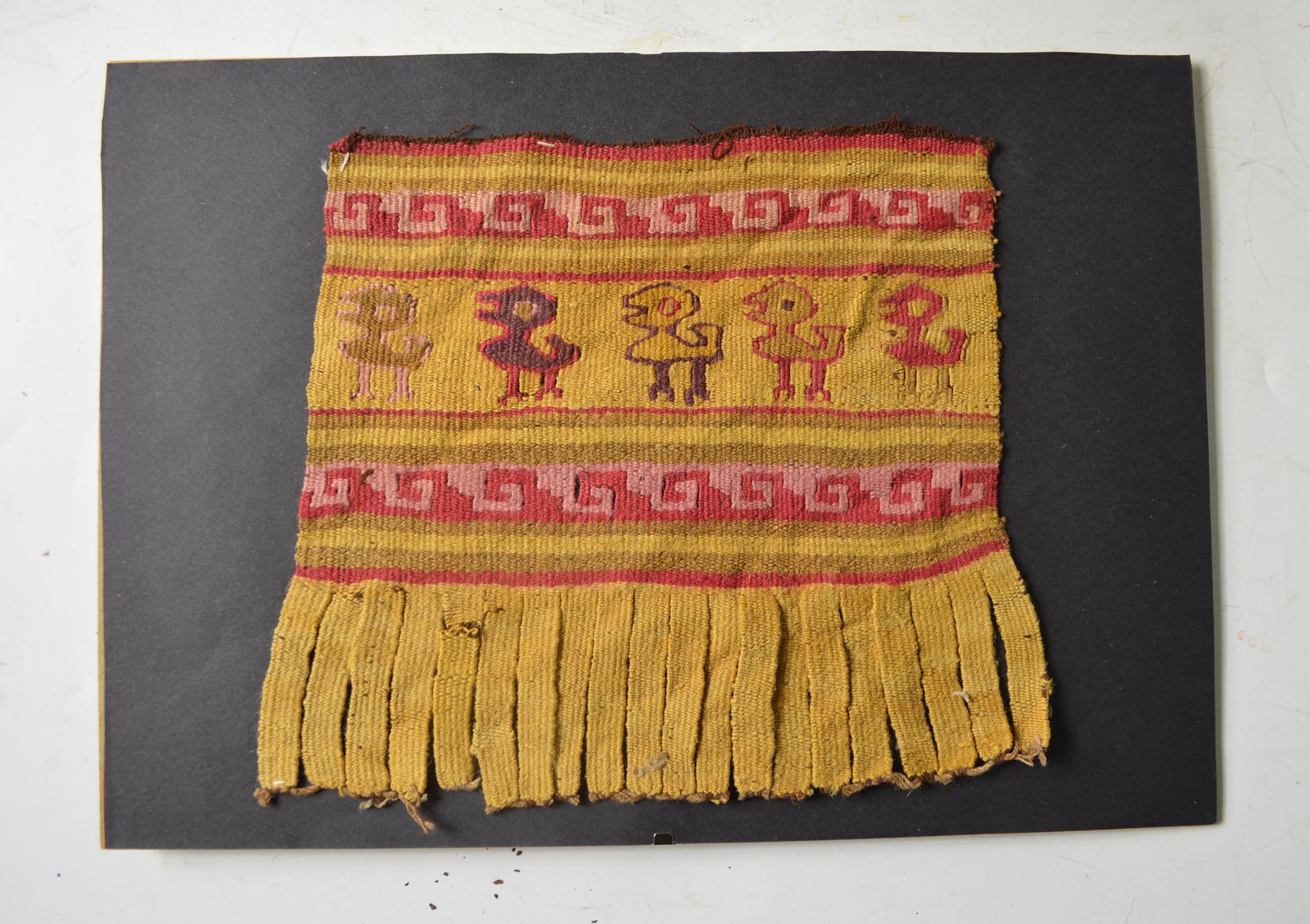 Pre columbian Chancay textile panel 

The finely woven textile with birds and temple step design, excellent color preservation

probably from a tunic or manta cloth

Chancay circa 1100-1400 AD, Peru.

Presented in a clip frame

Size: 7 x 6