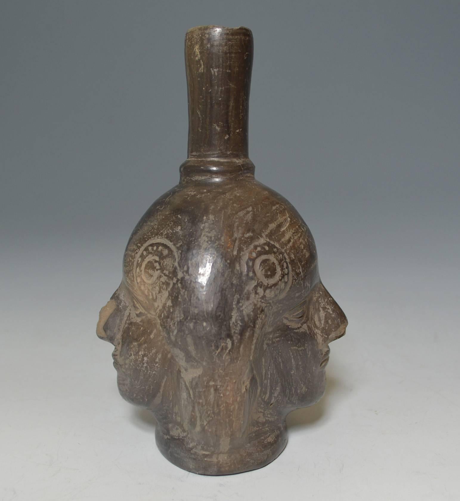 Pottery Pre Columbian Fine Inca Janus Head Vessel Ancient South America