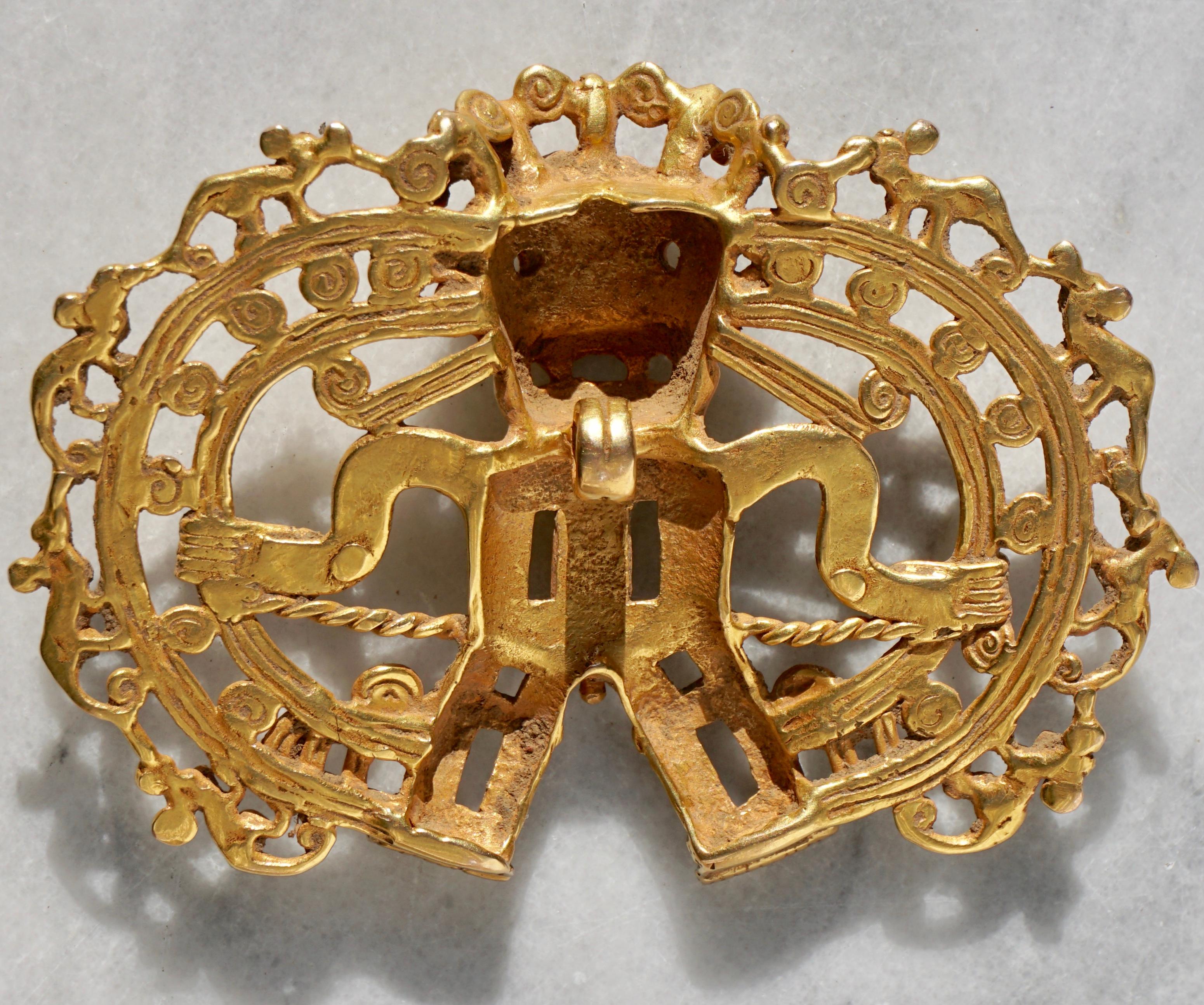Costa Rican Pre Columbian Gold Shaman with Monkeys Pendant Diquís A.D. 1000-1500 For Sale