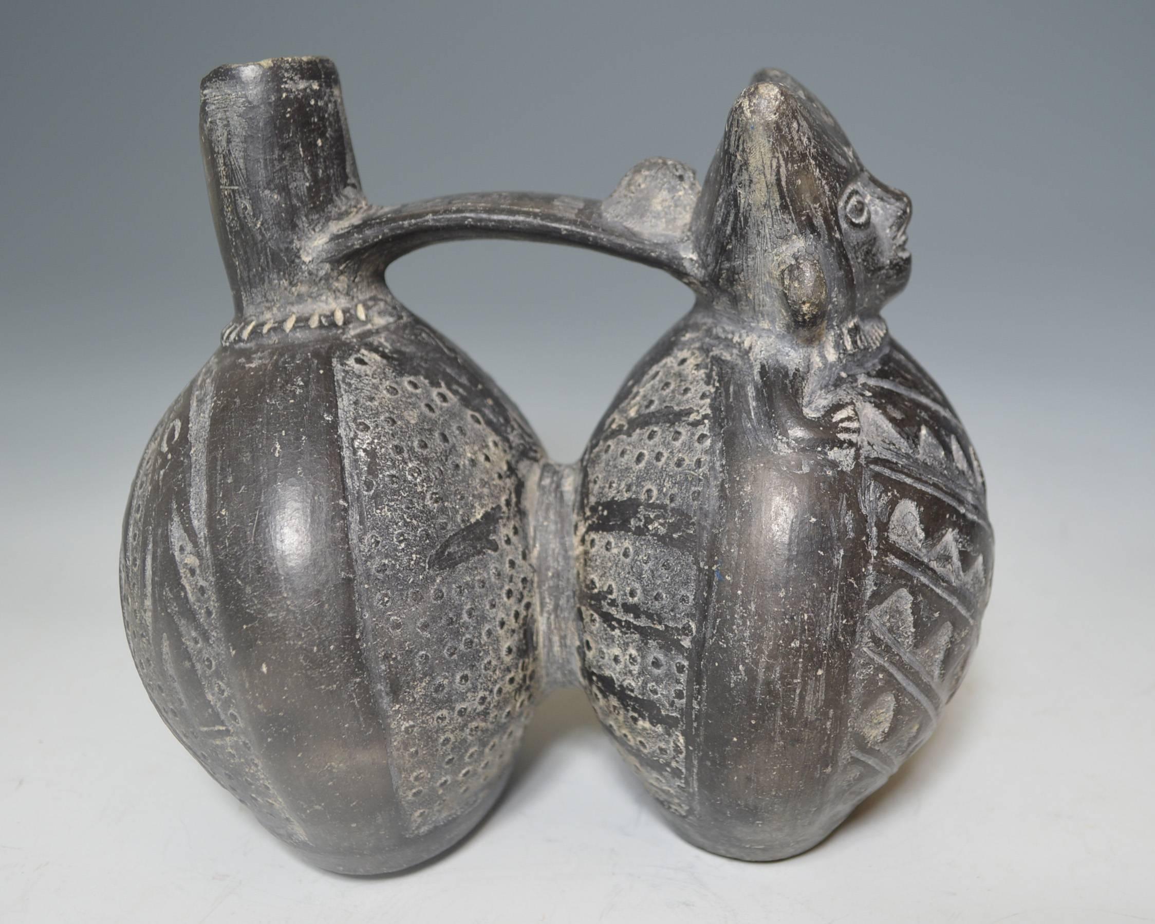 Peruvian Pre Columbian Inca Double Chamber Whistle Vessel