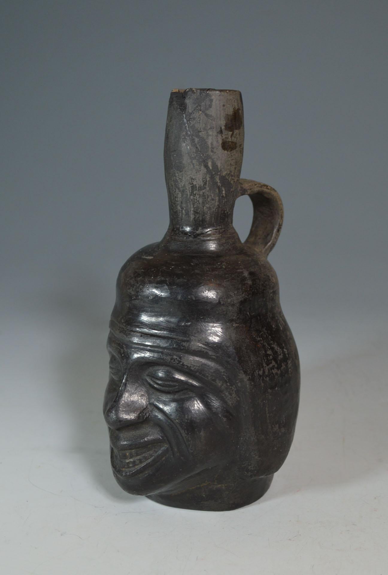 Peruvian Pre Columbian Inca Grey Ware Portrait Head Vessel Ancient South America