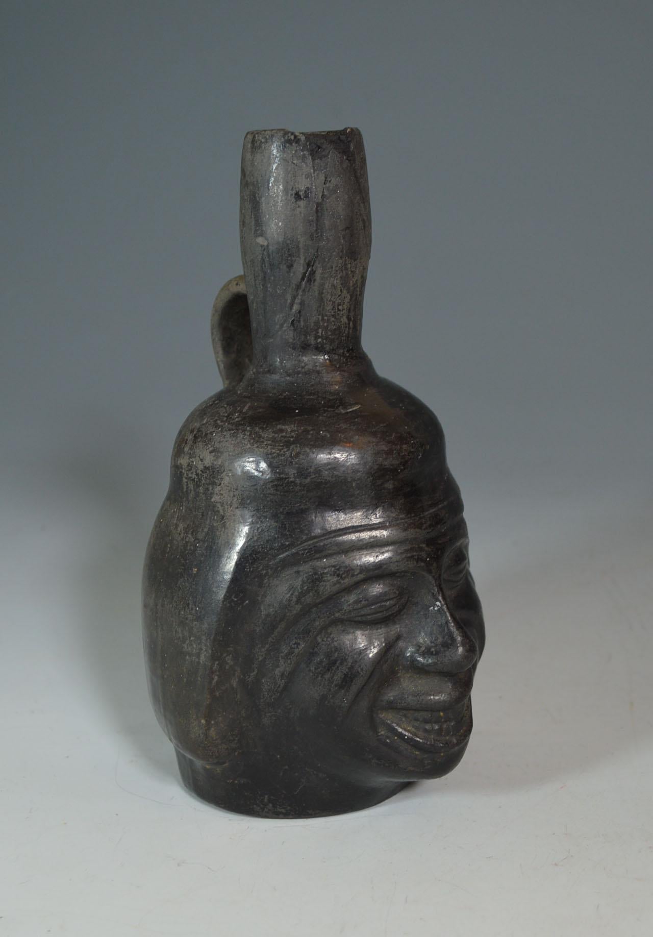 18th Century and Earlier Pre Columbian Inca Grey Ware Portrait Head Vessel Ancient South America