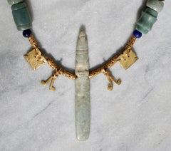 Pre Columbian Jade Axe Celt God and Gold Pendant Necklace