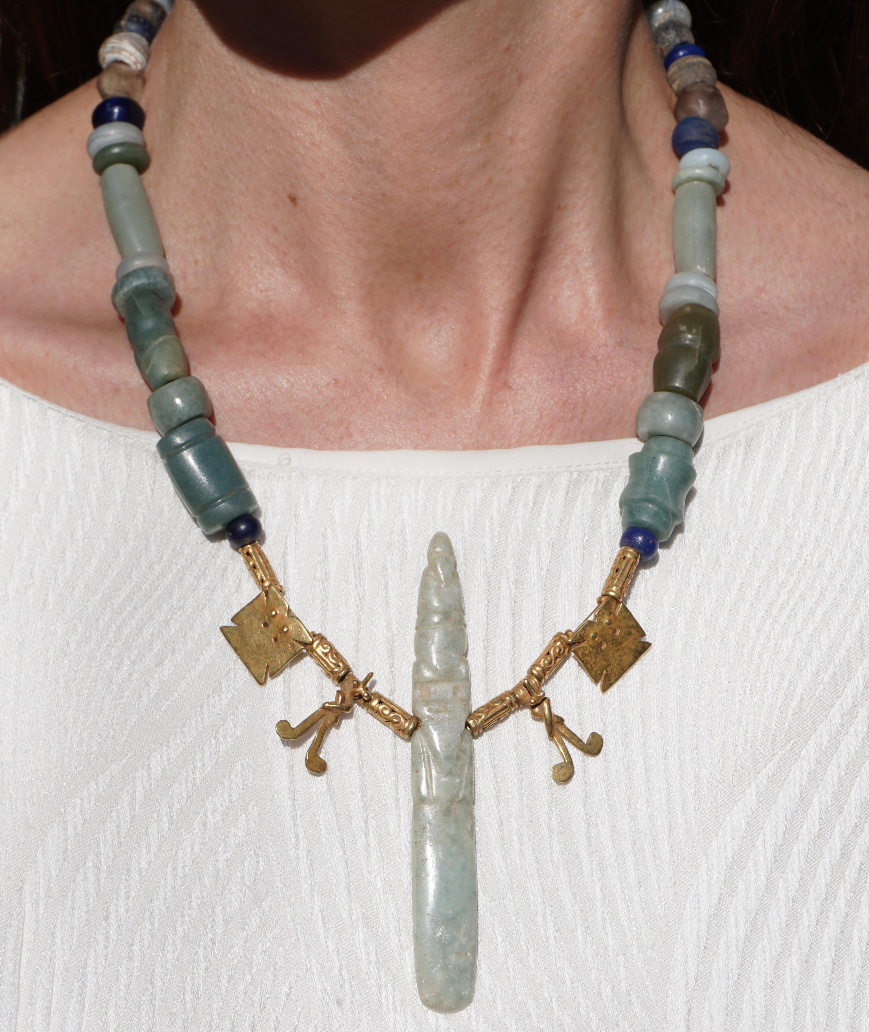 Pre-Columbian Pre Columbian Jade Axe Celt God and Gold Pendant Necklace