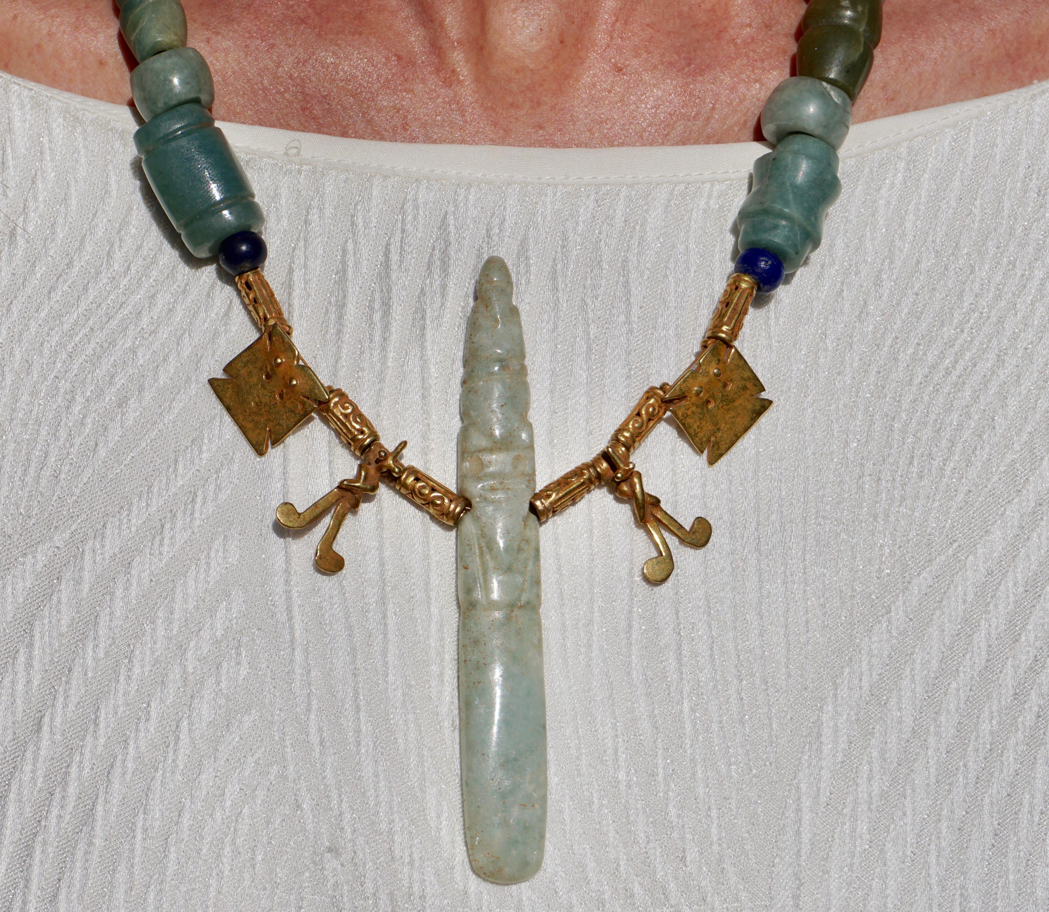 Hand-Carved Pre Columbian Jade Axe Celt God and Gold Pendant Necklace