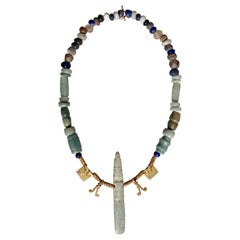 Pre Columbian Jade Axe Celt God and Gold Pendant Necklace