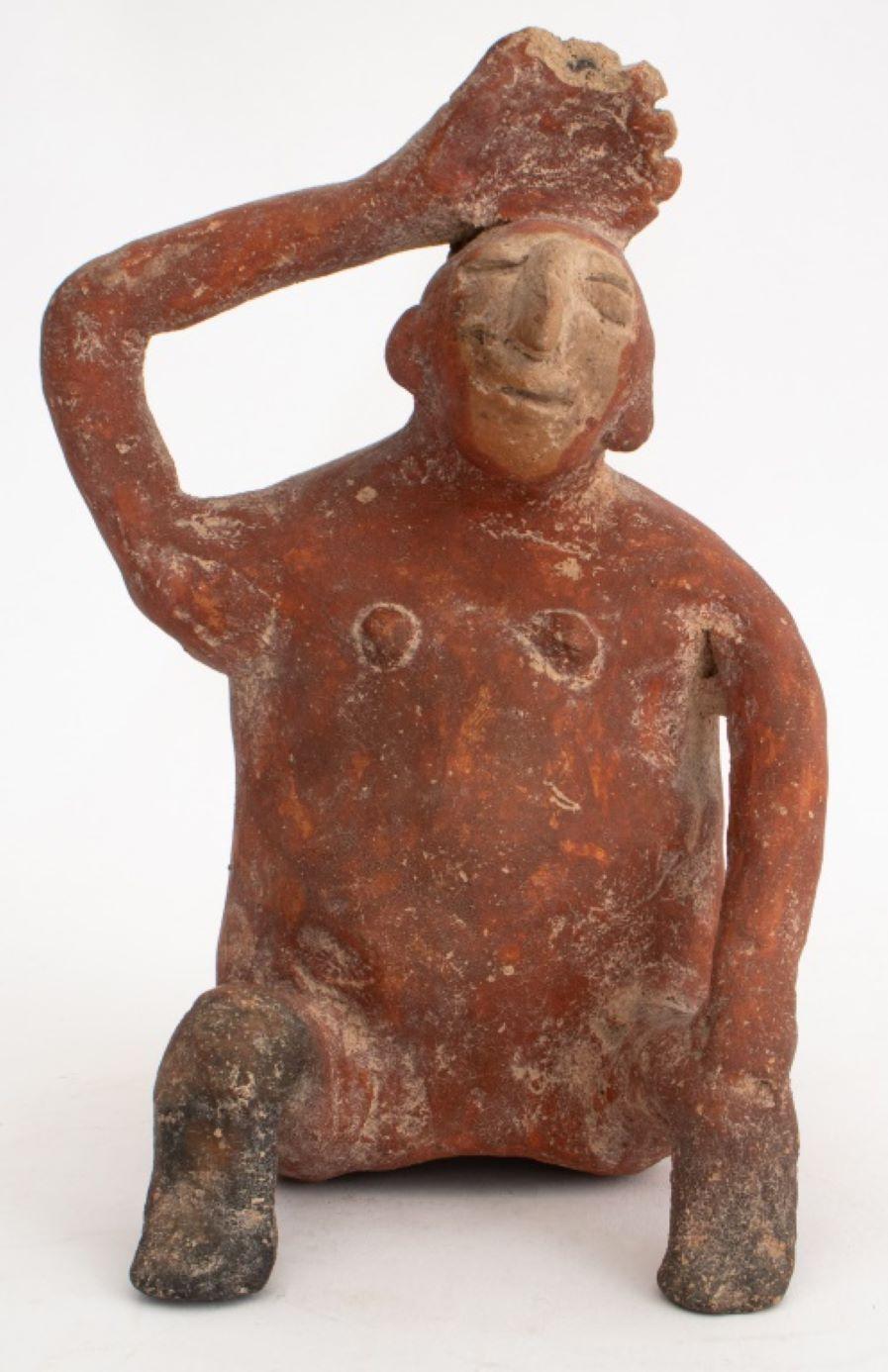 Pre-Columbian Jalisco Figural Sculptures, Western Mexico, one standing female nude figure, one seated figure with hand over head. Seated figure: 8
