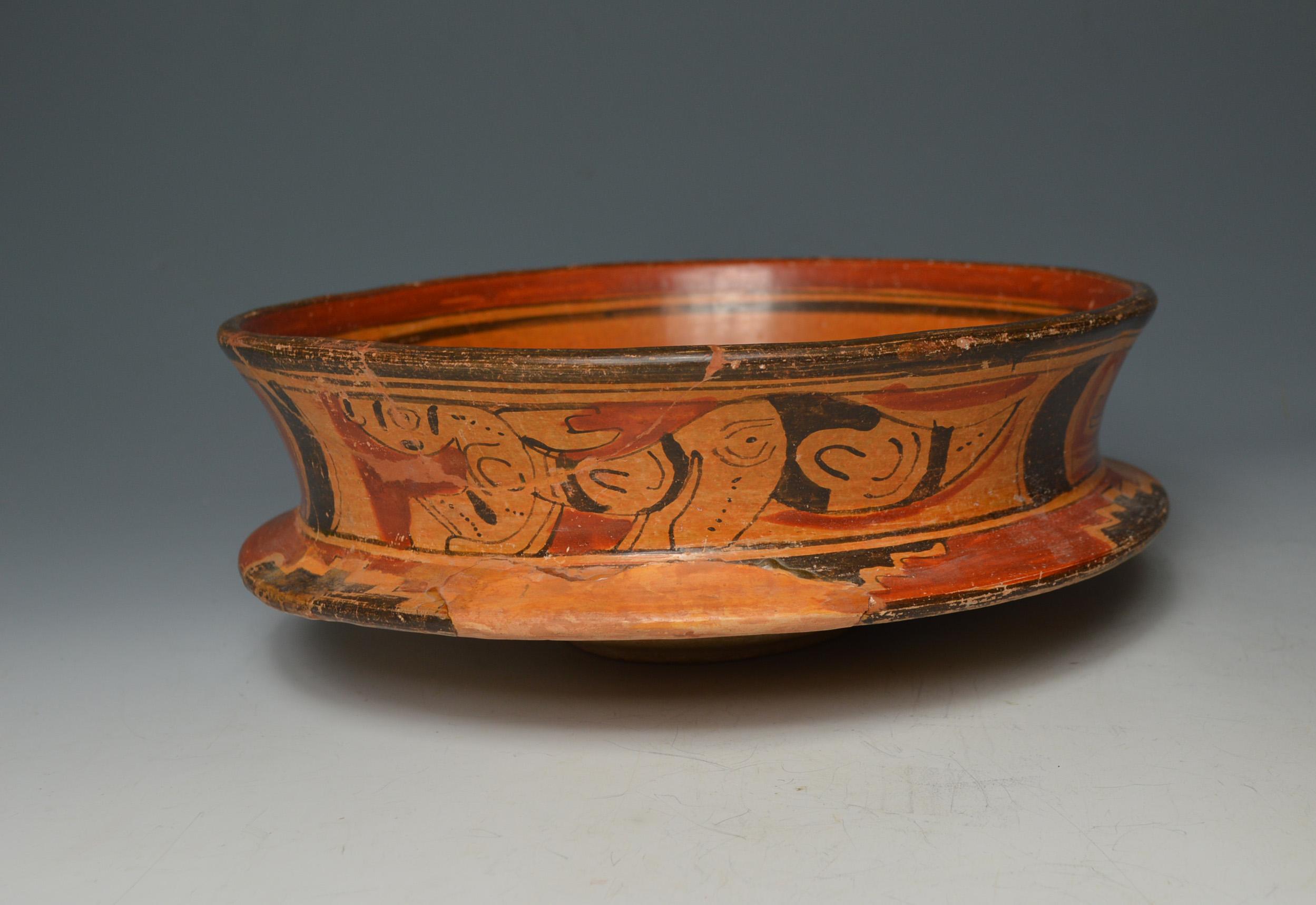 Guatemalan Pre Columbian Large Mayan Polychrome Painted Ceremonial Pottery Bowl For Sale