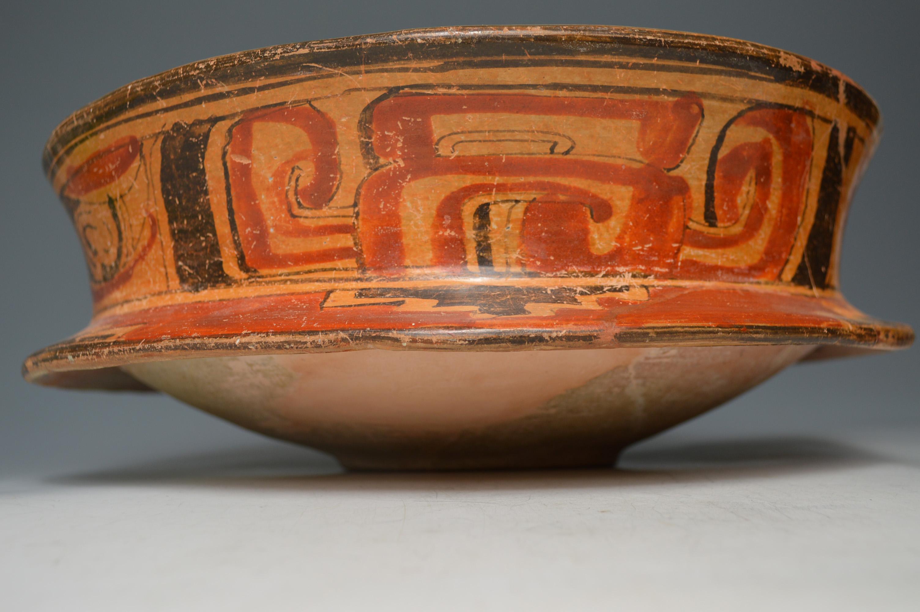 18th Century and Earlier Pre Columbian Large Mayan Polychrome Painted Ceremonial Pottery Bowl For Sale