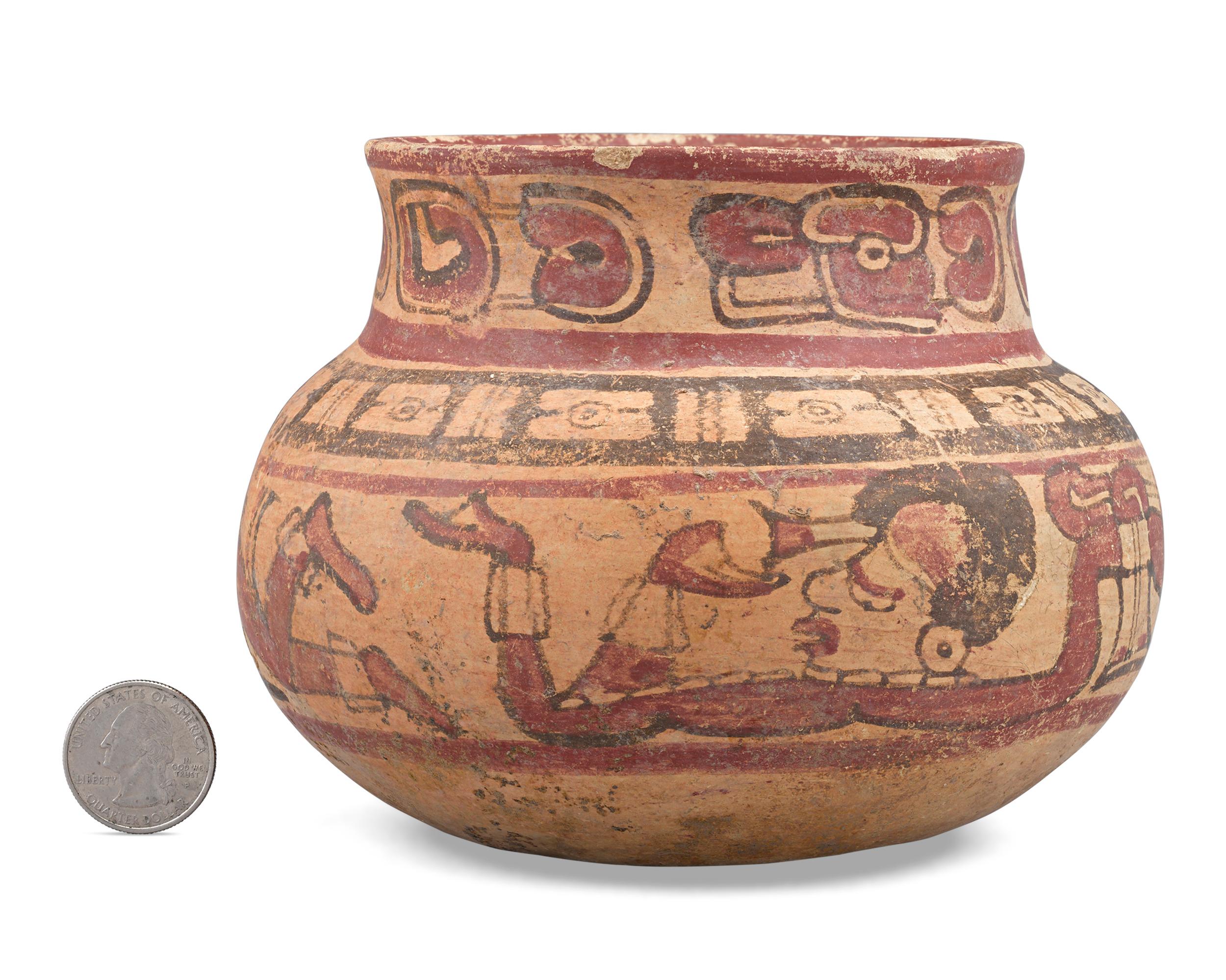 This lovely late Classic Maya bowl is executed in El Copador style, a polychrome ceramic style found primarily at archaeological sites in western El Salvador. These bowls were import items from the Mayan ceremonial centre of Copan in Guatemala and