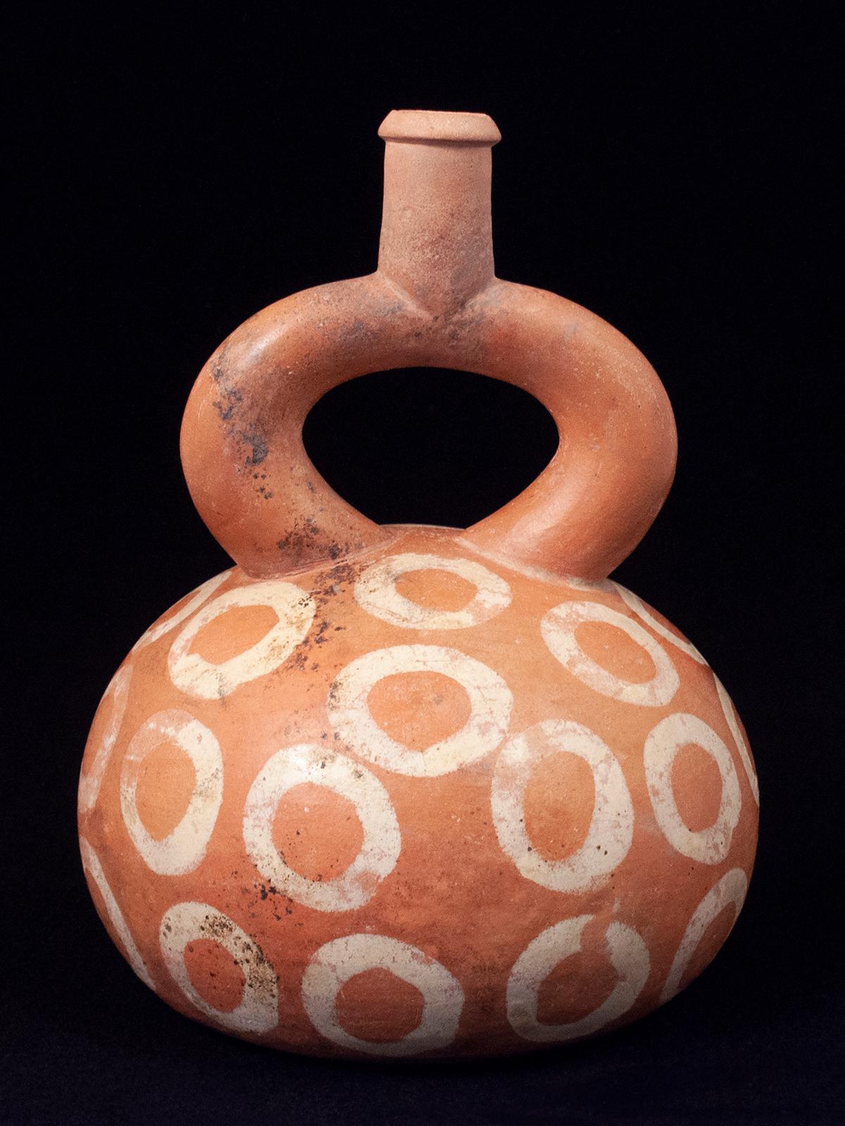 Peruvian Pre-Columbian Moche Stirrup Vessel with Cream-Colored Circles, Peru