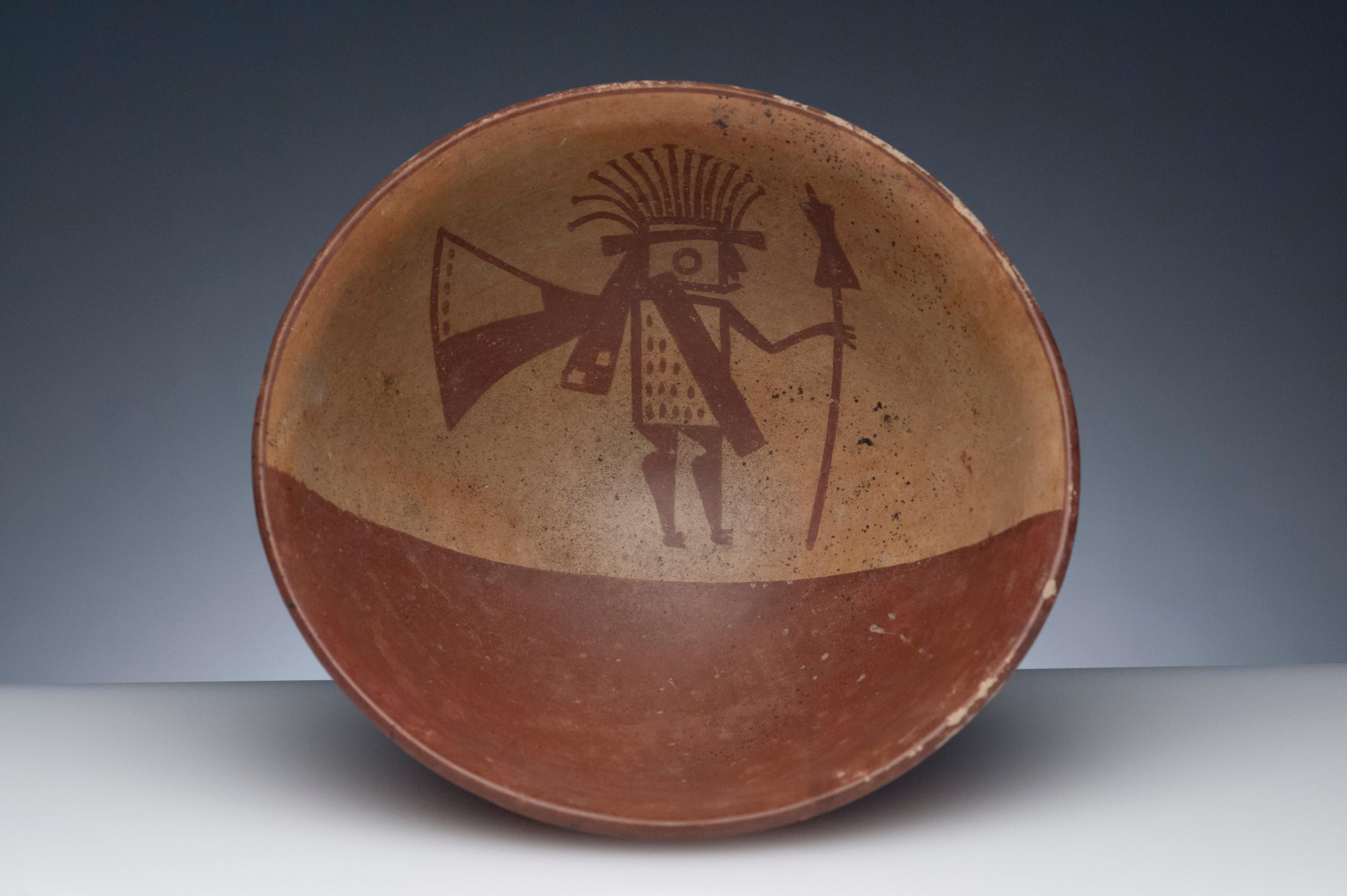 Fine Pre-Columbian Narino footed bowl from Columbia, circa 850 to 1500. Desirable polychrome bowl with vibrant color and rare warrior image.