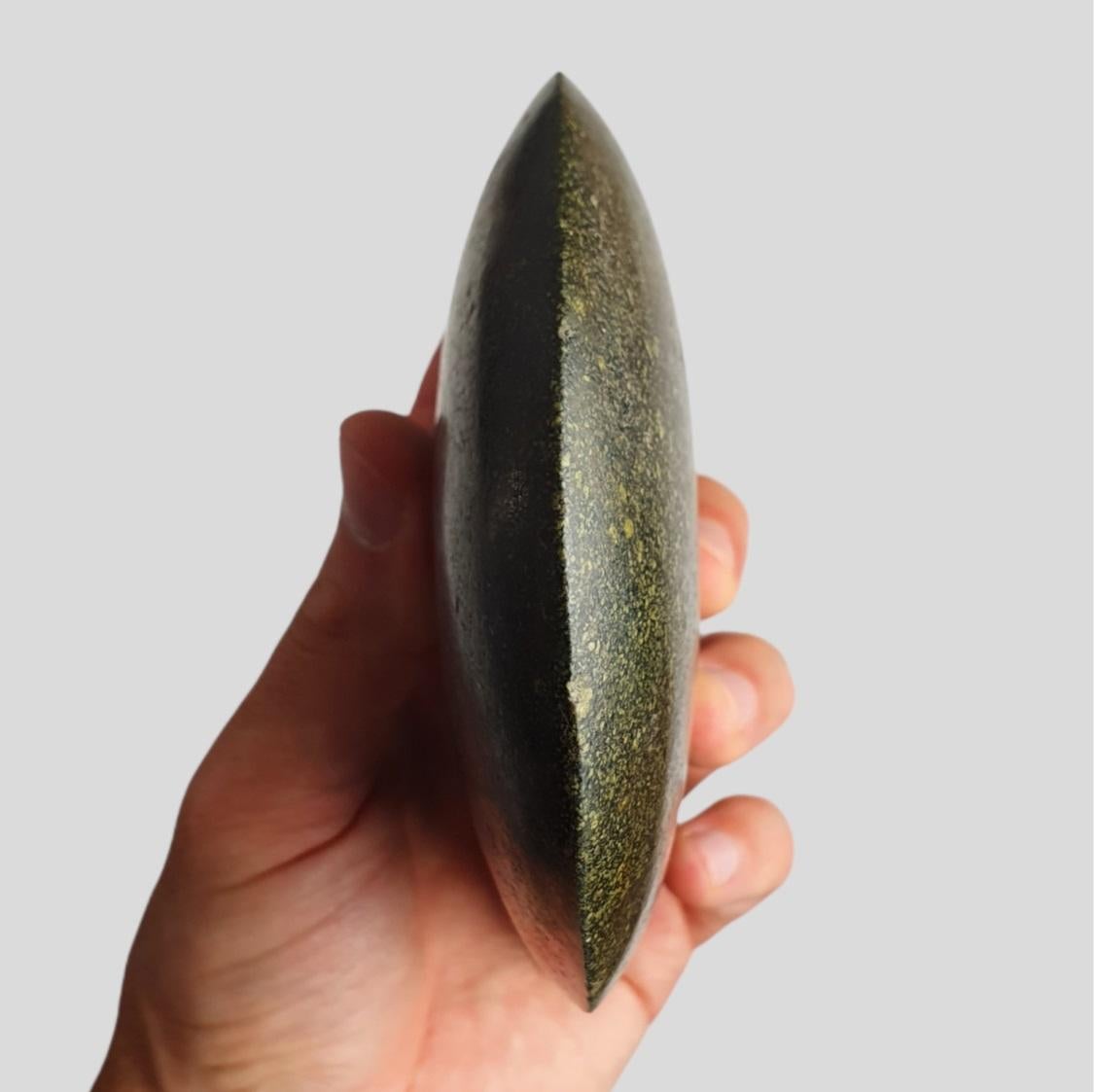 Pre-Columbian, Magnificient Valdivia Ceremonial Axe in Andesite : the rounded sharpened end is semi-circular, then flared inwards, then out to a blunt end. Flat across the end. This piece has a great pedigree : it originates from the collection of