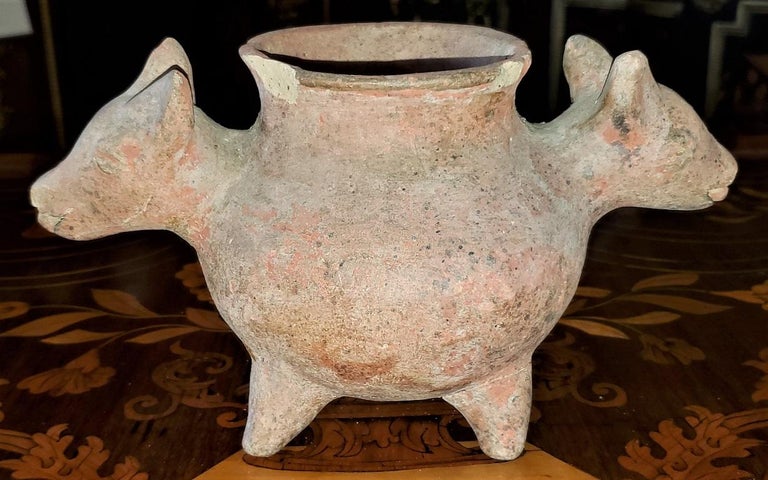 Hand-Crafted Pre-Columbian Pottery Vessel with Cat Heads For Sale