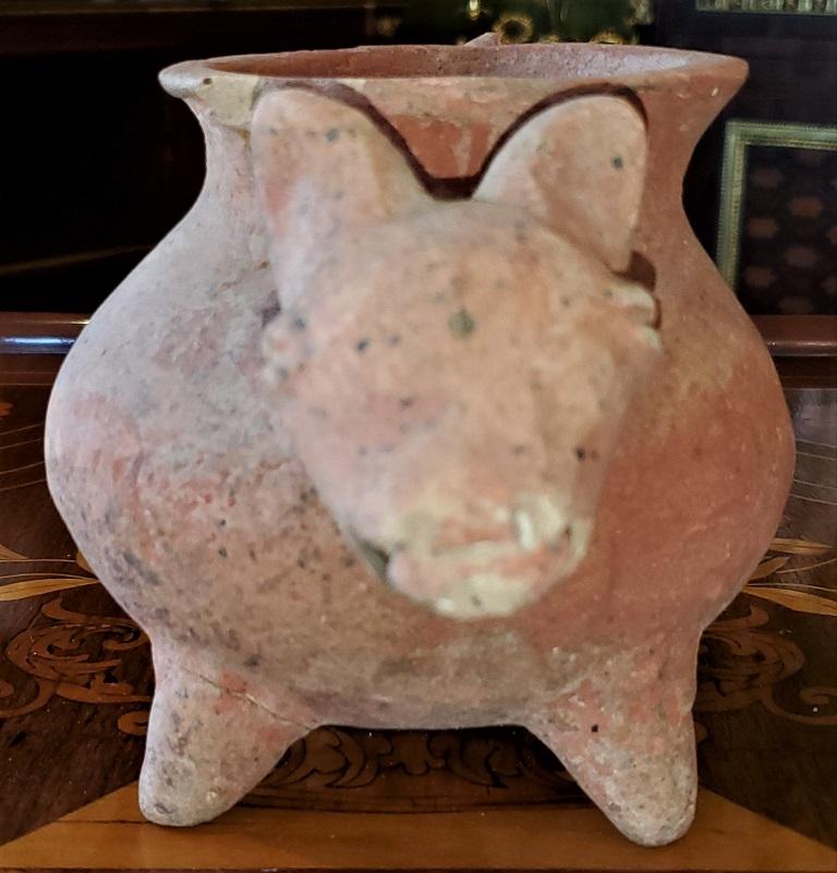 American Pre-Columbian Style Pottery Vessel with Cat or Coyote Heads