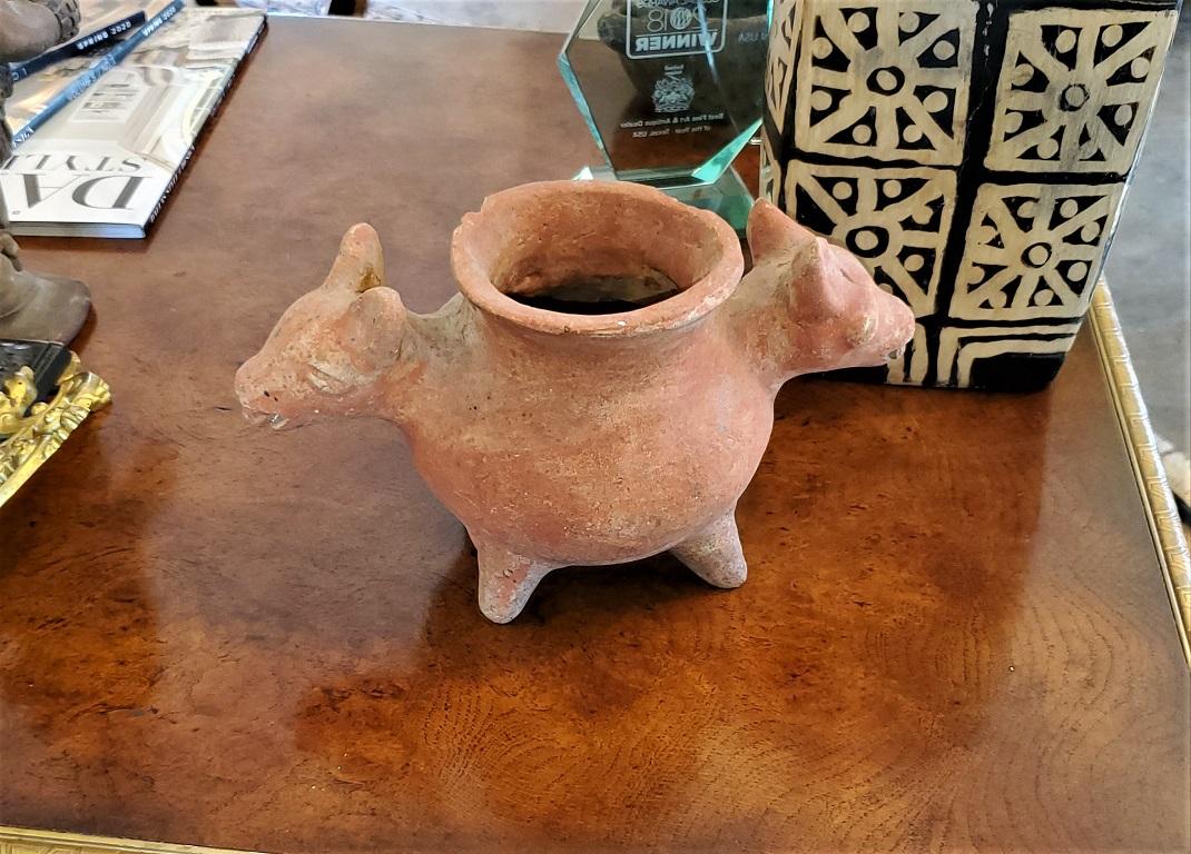 Hand-Crafted Pre-Columbian Style Pottery Vessel with Cat or Coyote Heads