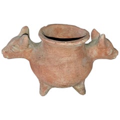 Pre-Columbian Style Pottery Vessel with Cat or Coyote Heads