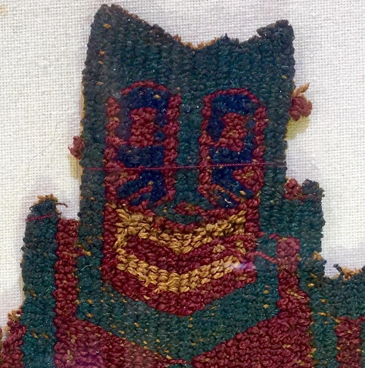 Magnificent Pre-Columbian Paracas textile fragment depicting a shaman warrior with a trophy head on his right hand. Framed and professionally sewn onto a beige linen cloth. Camelid fibers.

Provenance: Private French collection

Dimensions with