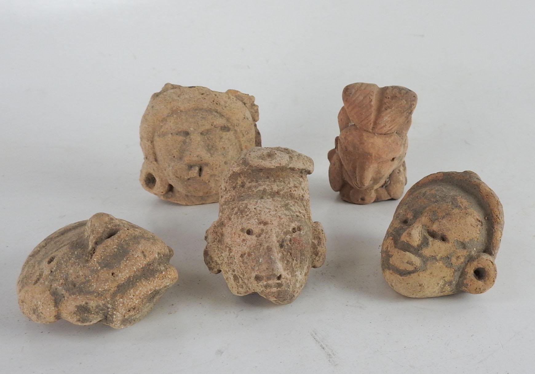 Collection of 5 small Pre Columbian pottery heads.  Largest is 2.5