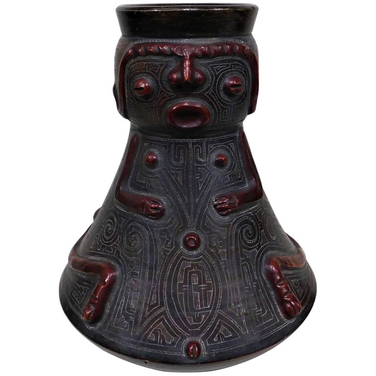 Pre-Columbian Style Figurative Art Pottery Vase For Sale