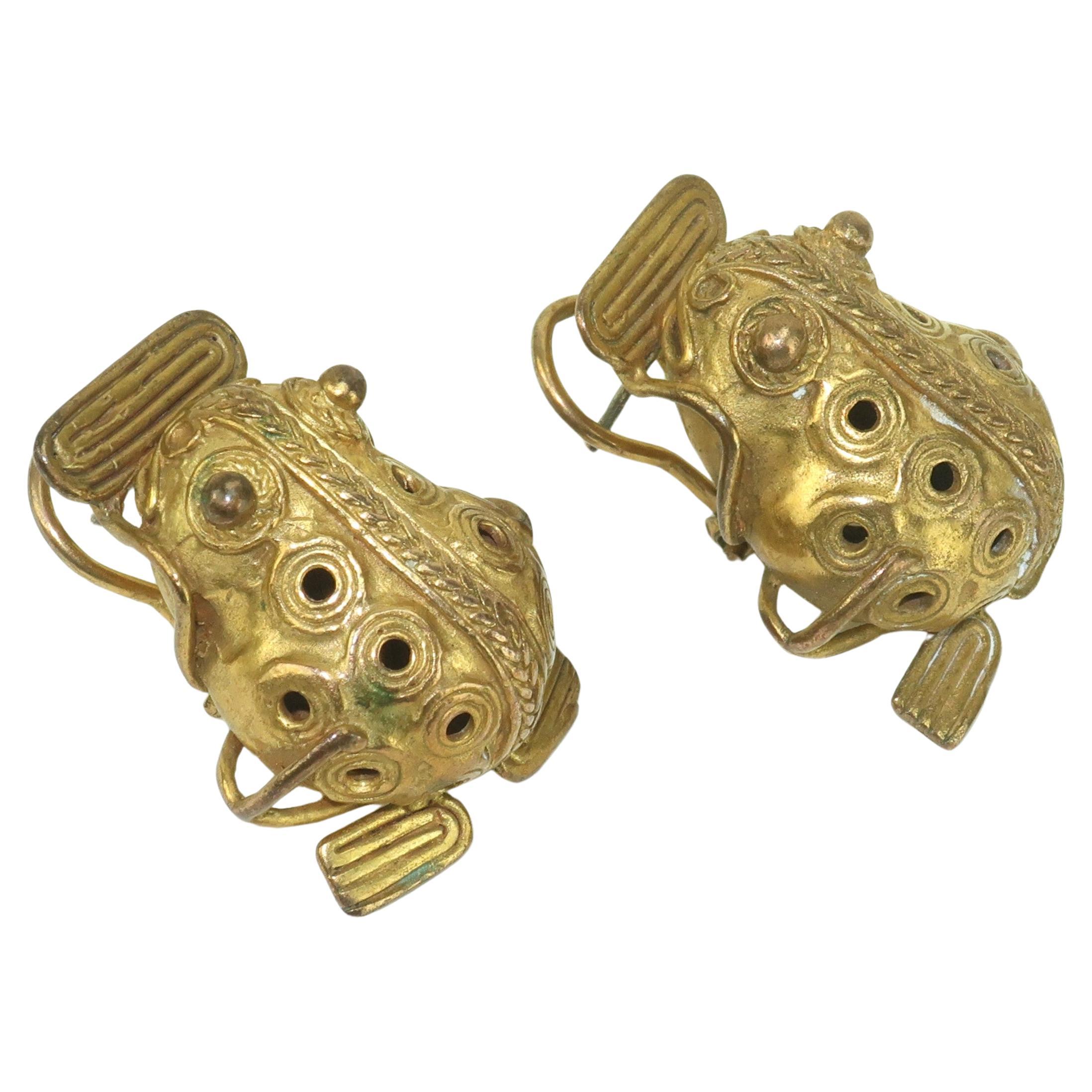 Native American Pre-Columbian Style Frog Vermeil Earrings For Sale