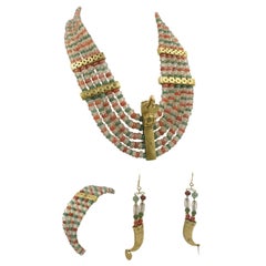 Vintage Pre-Columbian Style Sinu Tumbaga Toucan Tooth Gemstone Necklace Bracelet Earring