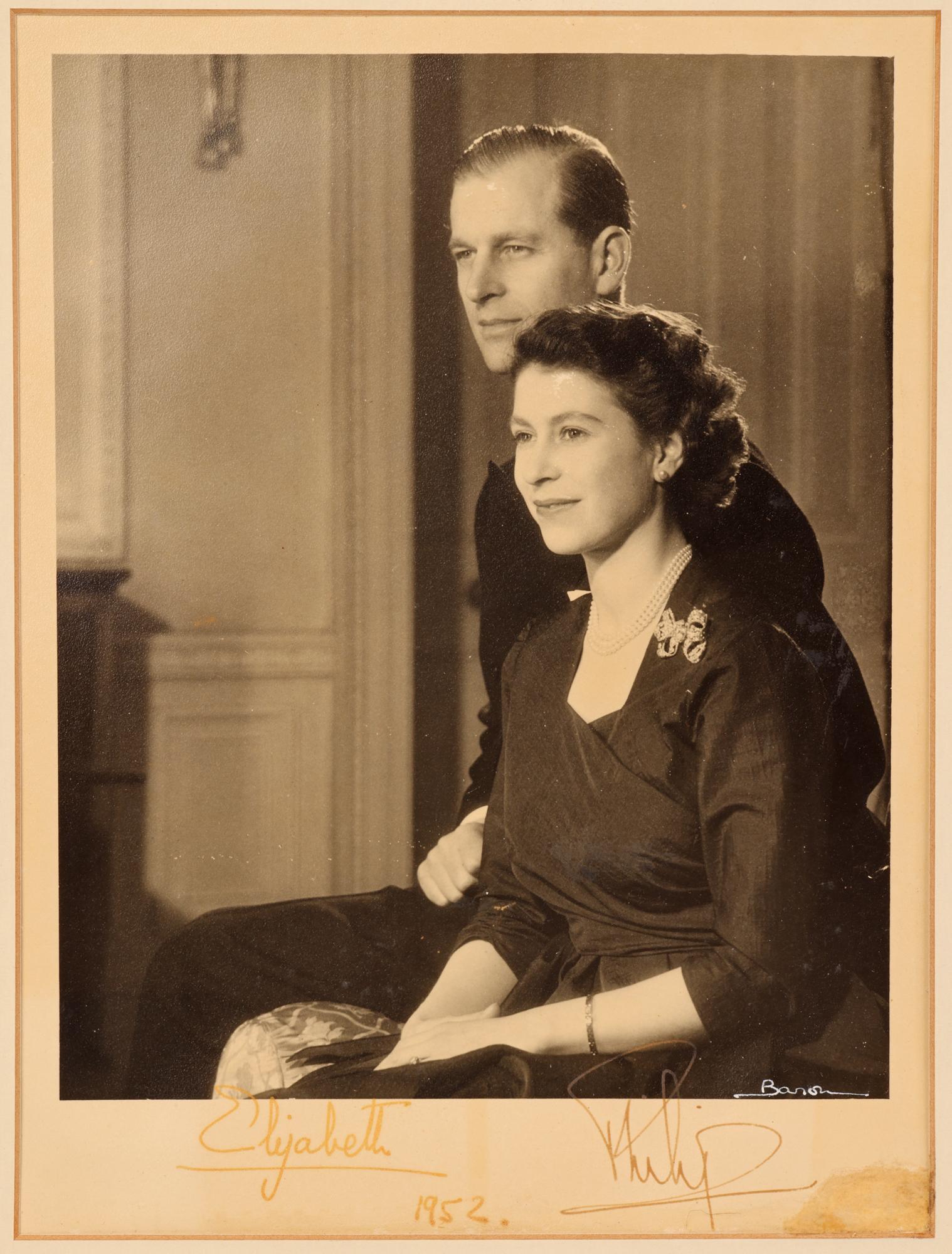 Glass Pre-Coronation Signed Photograph Queen Elizabeth II and Prince Philip Dated 1952