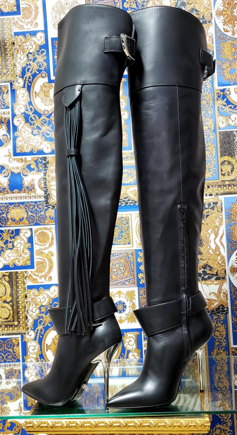 Pre-Fall/14 L#9 VERSACE BLACK LEATHER OVET-the-KNEE Boots with TASSELS ...